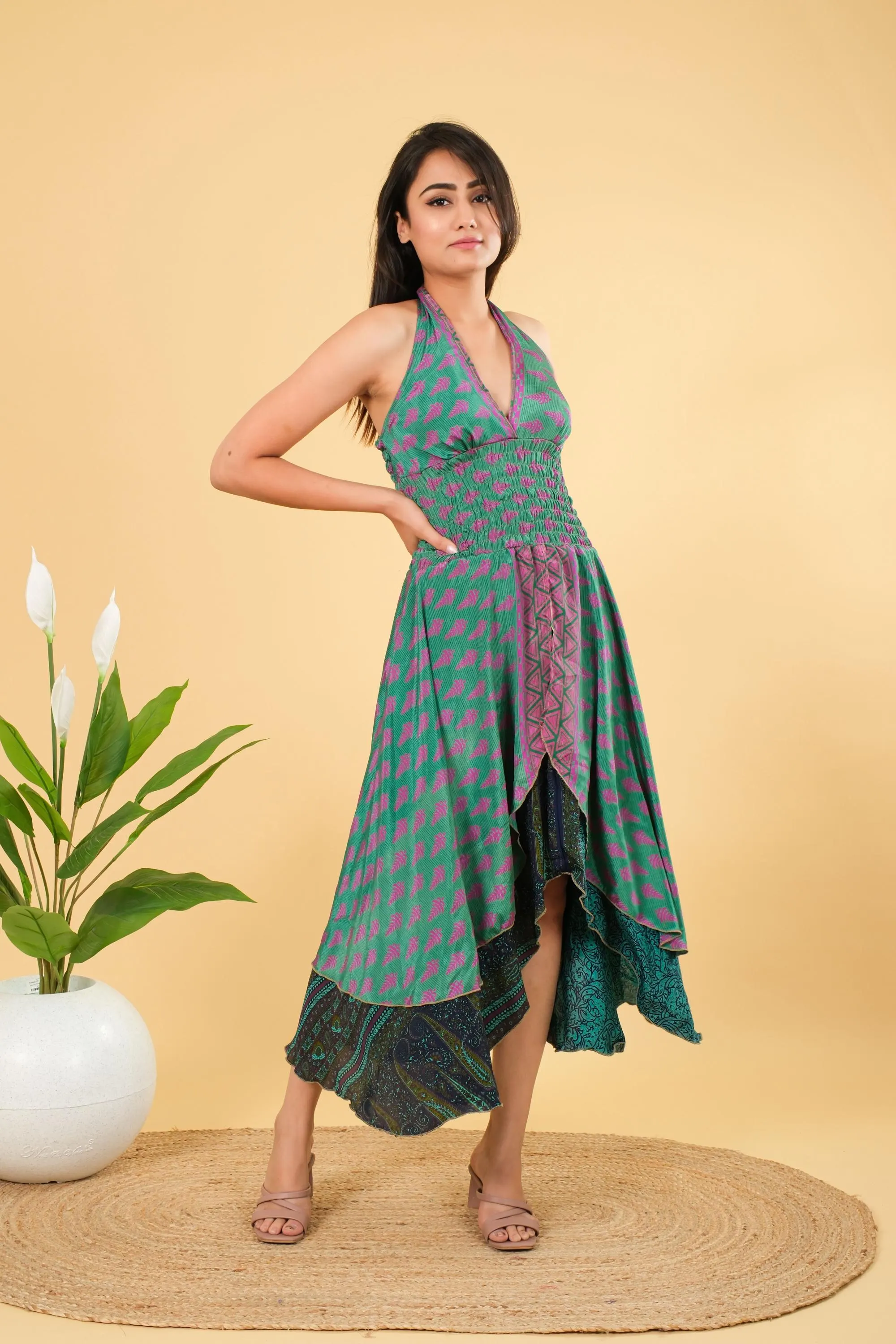 Vintage Silk Halter Dress: Backless Party Tunic, Free Size - image 4