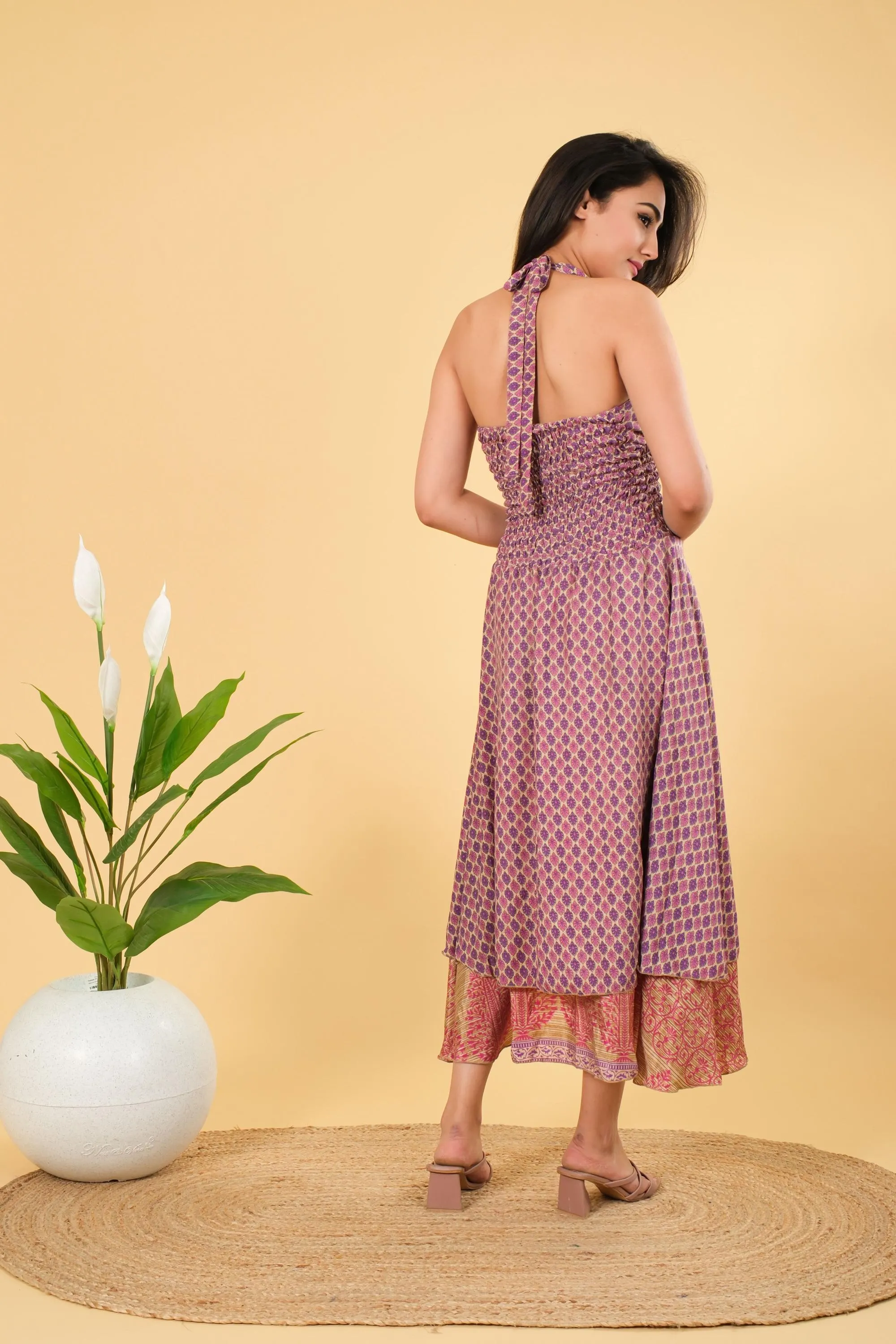 Blue Floral Silk Halter Dress: Boho Beach Tunic - image 3