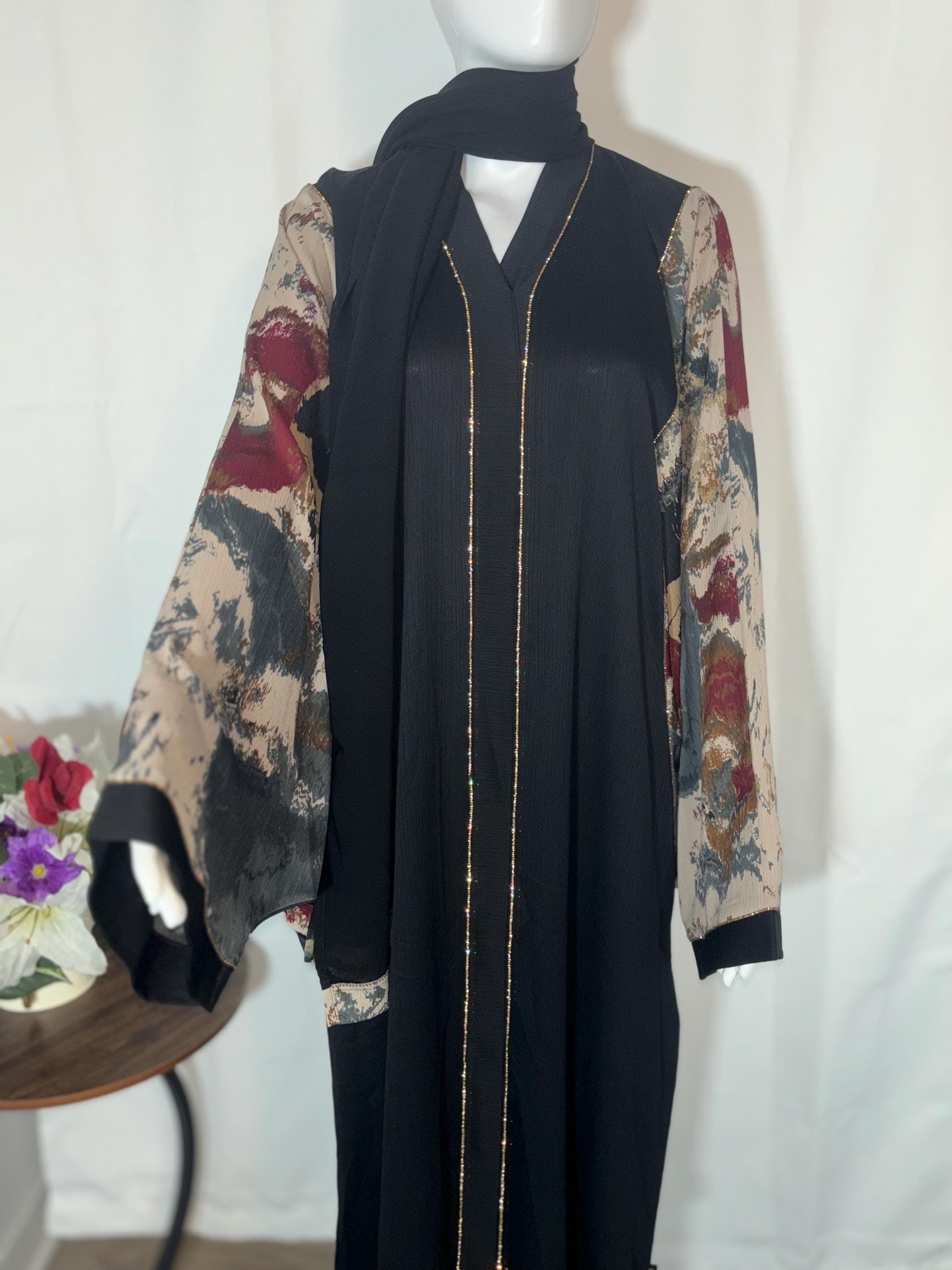Elegant Black Abaya with chiffon Sleeves: Modest Islamic Dress, Eid Abaya for Women