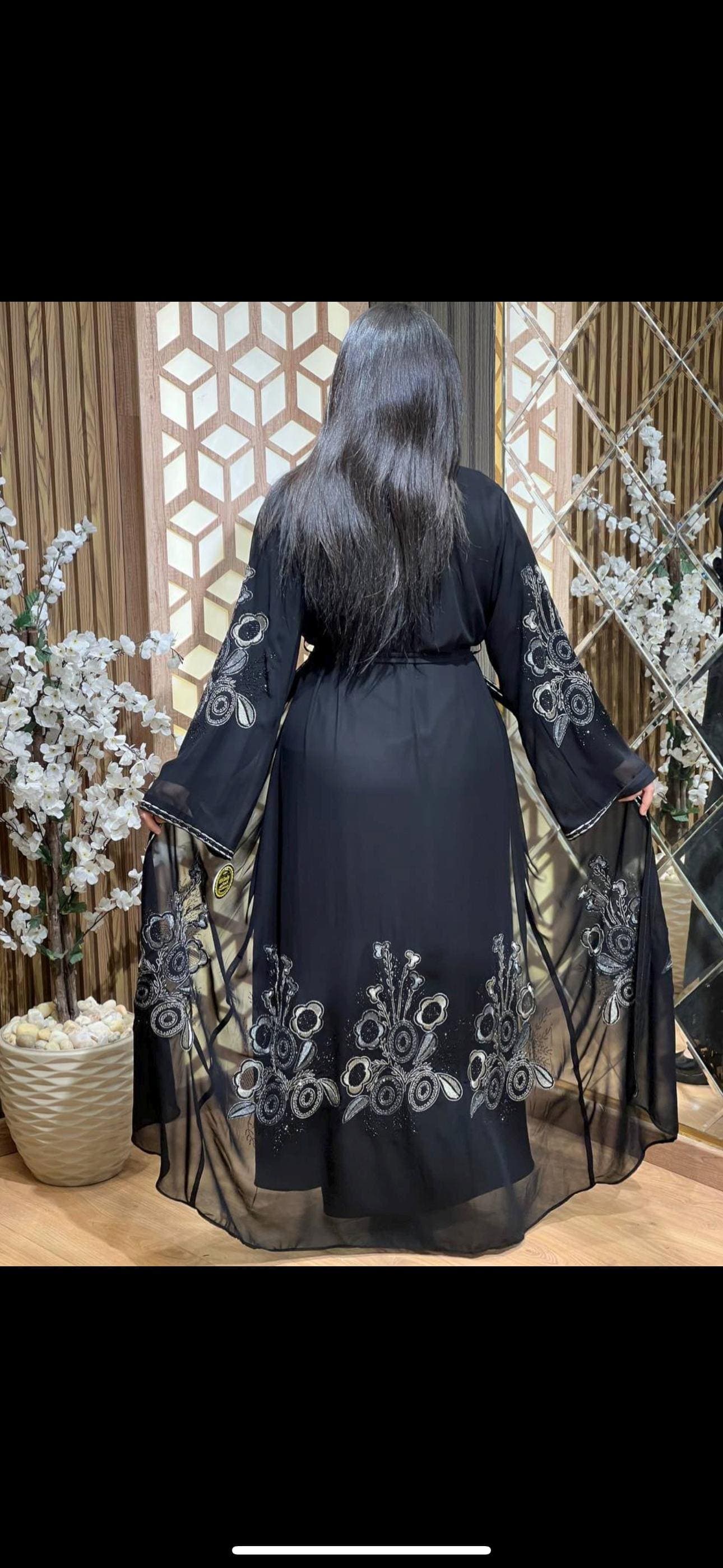 Luxury Dubai Abaya with White Floral Embroidery | Modest Islamic Clothing for Eid - image 3