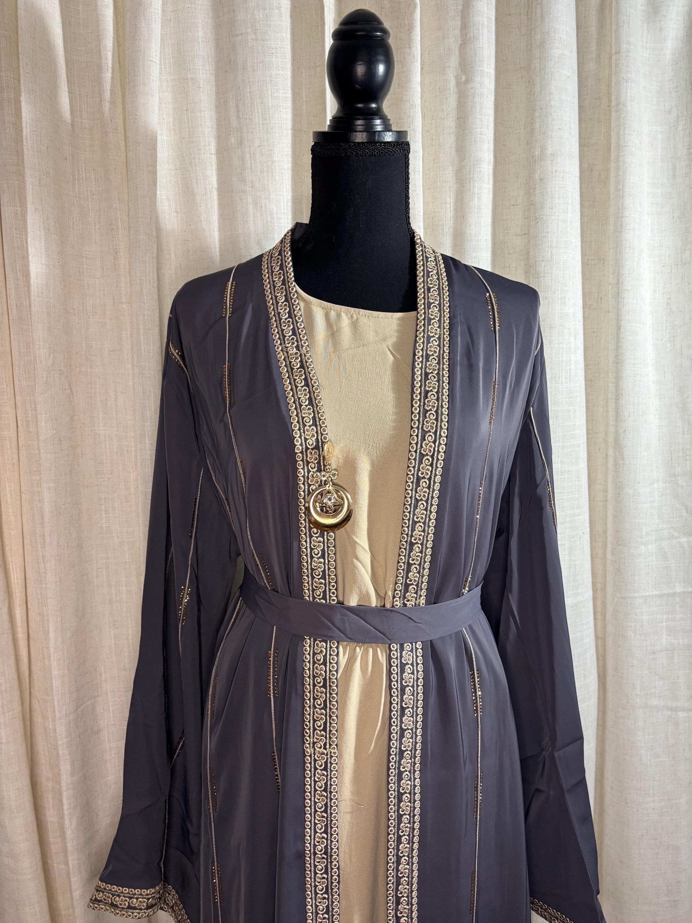 Dark Gray Abaya with Gold Embellishments and matching hijab - image 5
