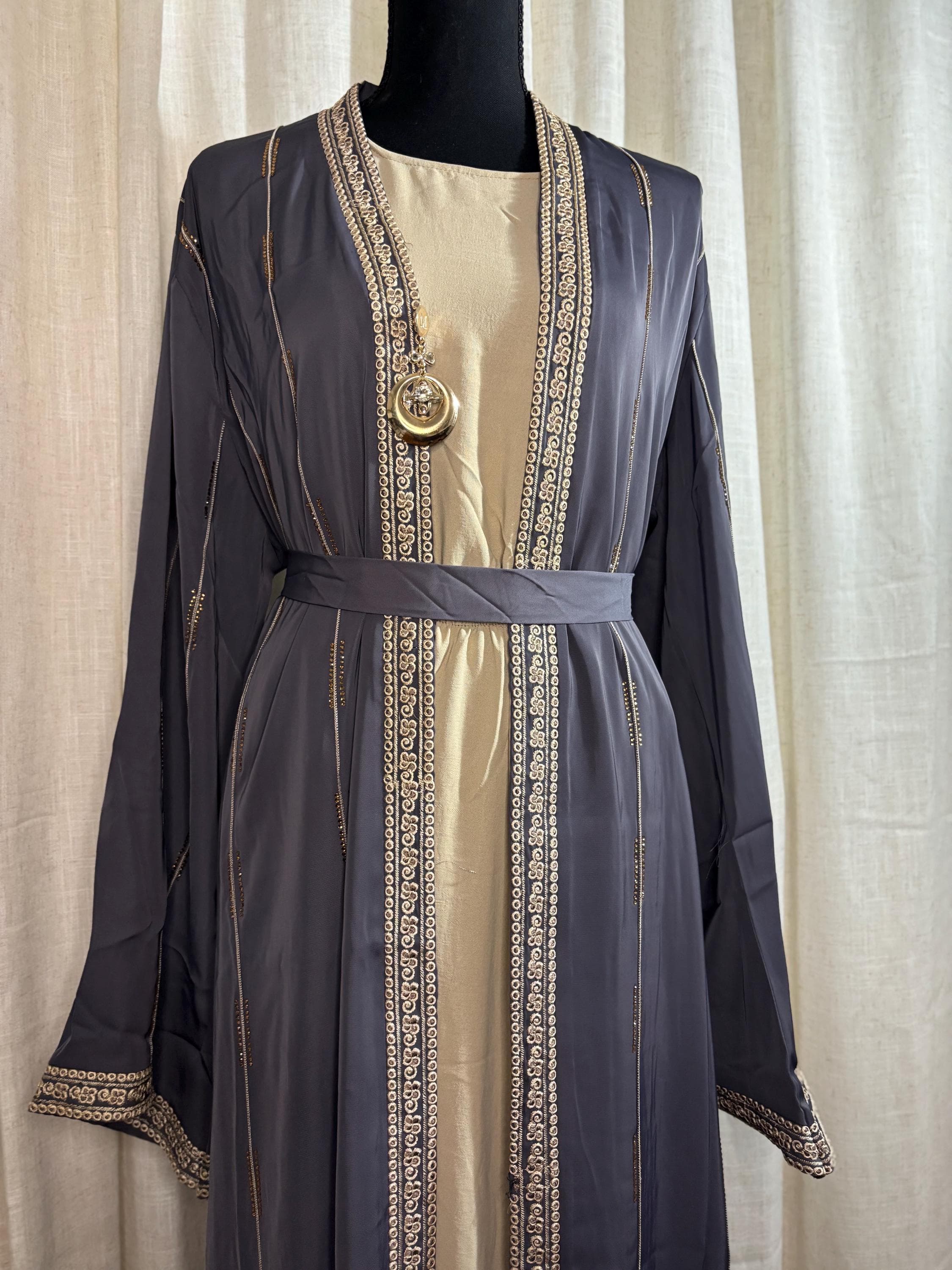 Dark Gray Abaya with Gold Embellishments and matching hijab - image 4