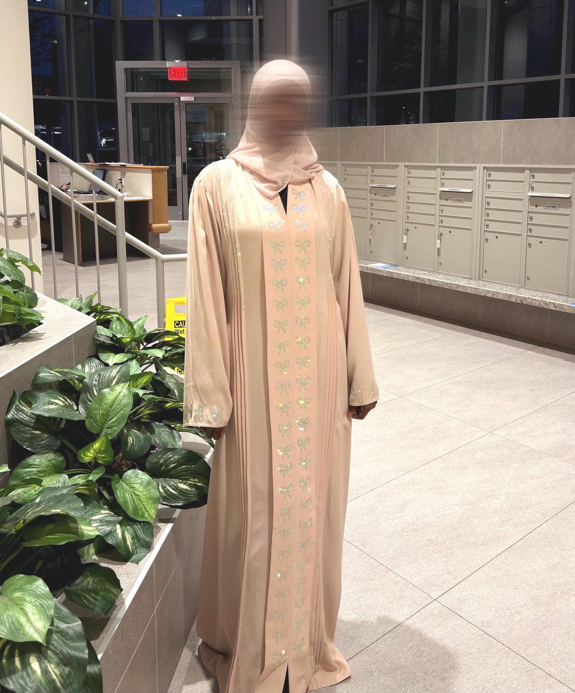 Bow Abaya Korean Nida Dress With Hijab: Rhinestone Detailed Modest Wear
