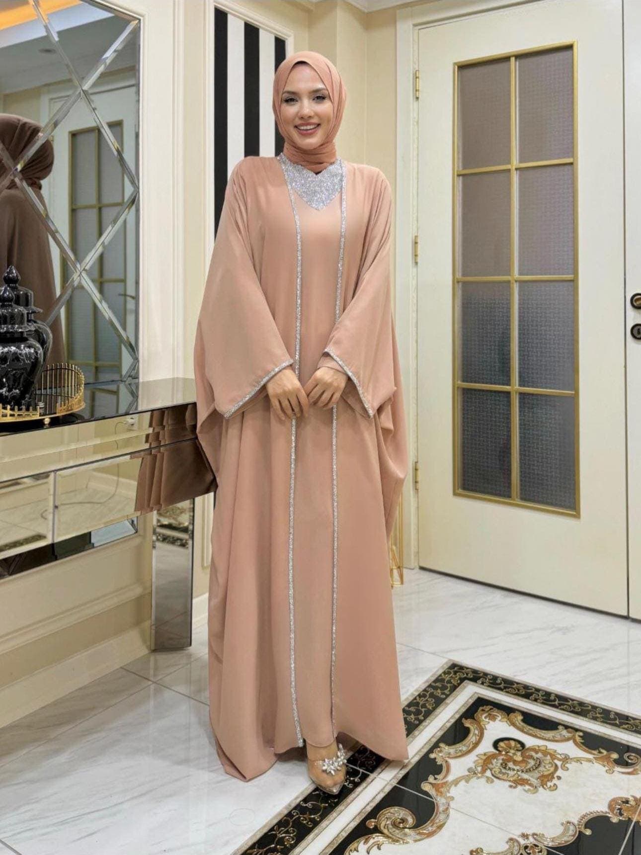 Sparkling Peach Abaya with Crystal Detail – Modest Maxi Dress for Eid, Wedding & Evening - image 3