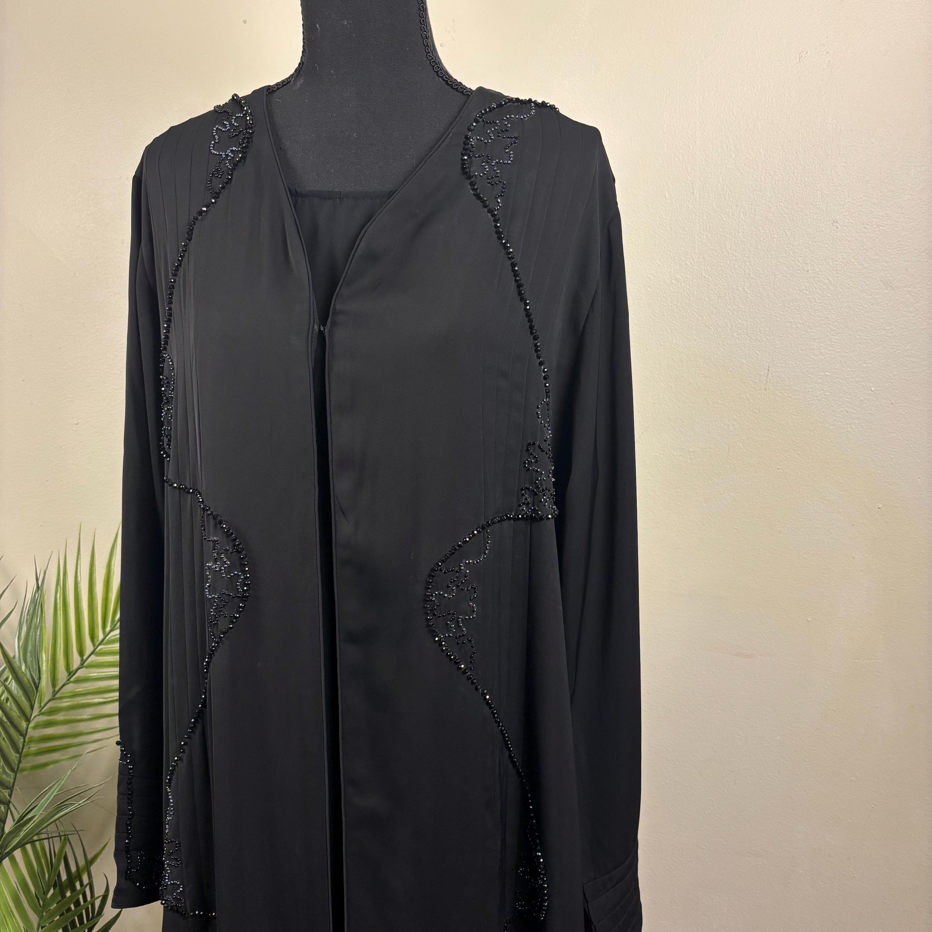 Black Beaded 2 Piece Abaya Set – Open Front Abaya with Inner Dress - image 5