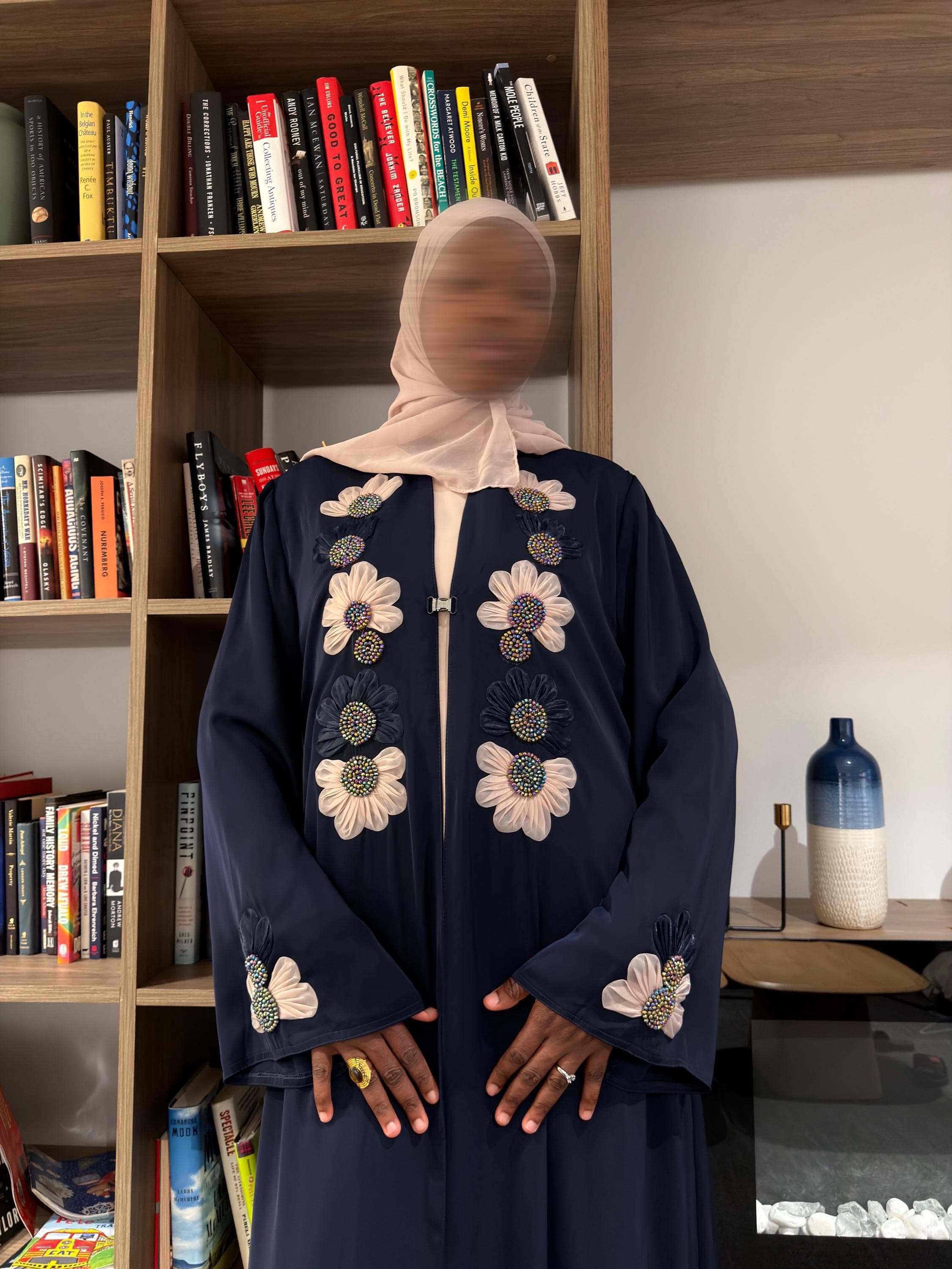 Navy Blue Open Abaya with Floral Embroidery - image 3