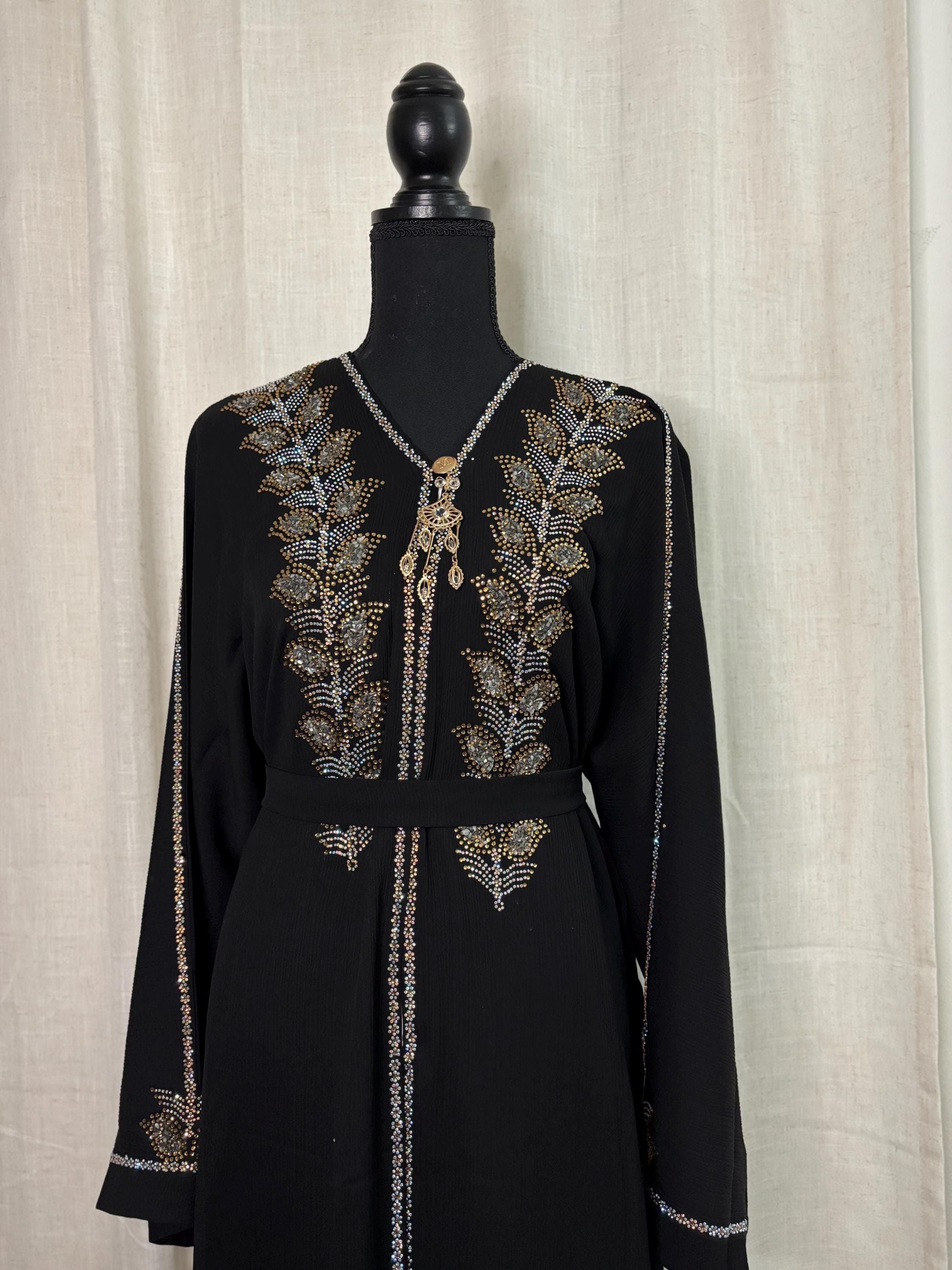 Stone Embroidered Black Abaya | Open Front Dubai Dress