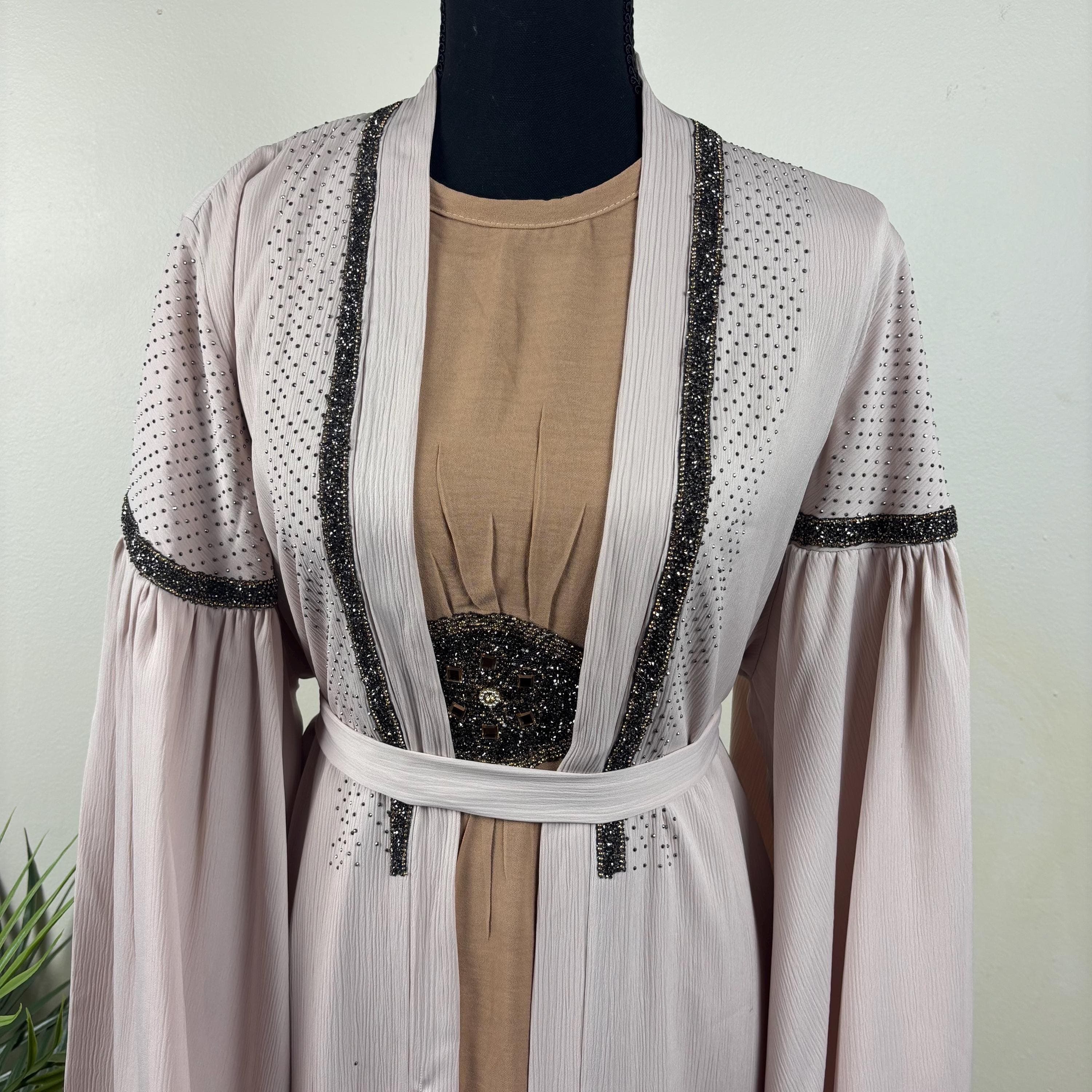 Blush Pink Open Abaya with Black Beaded Trim | 2 Piece Modest Kimono Set - image 4