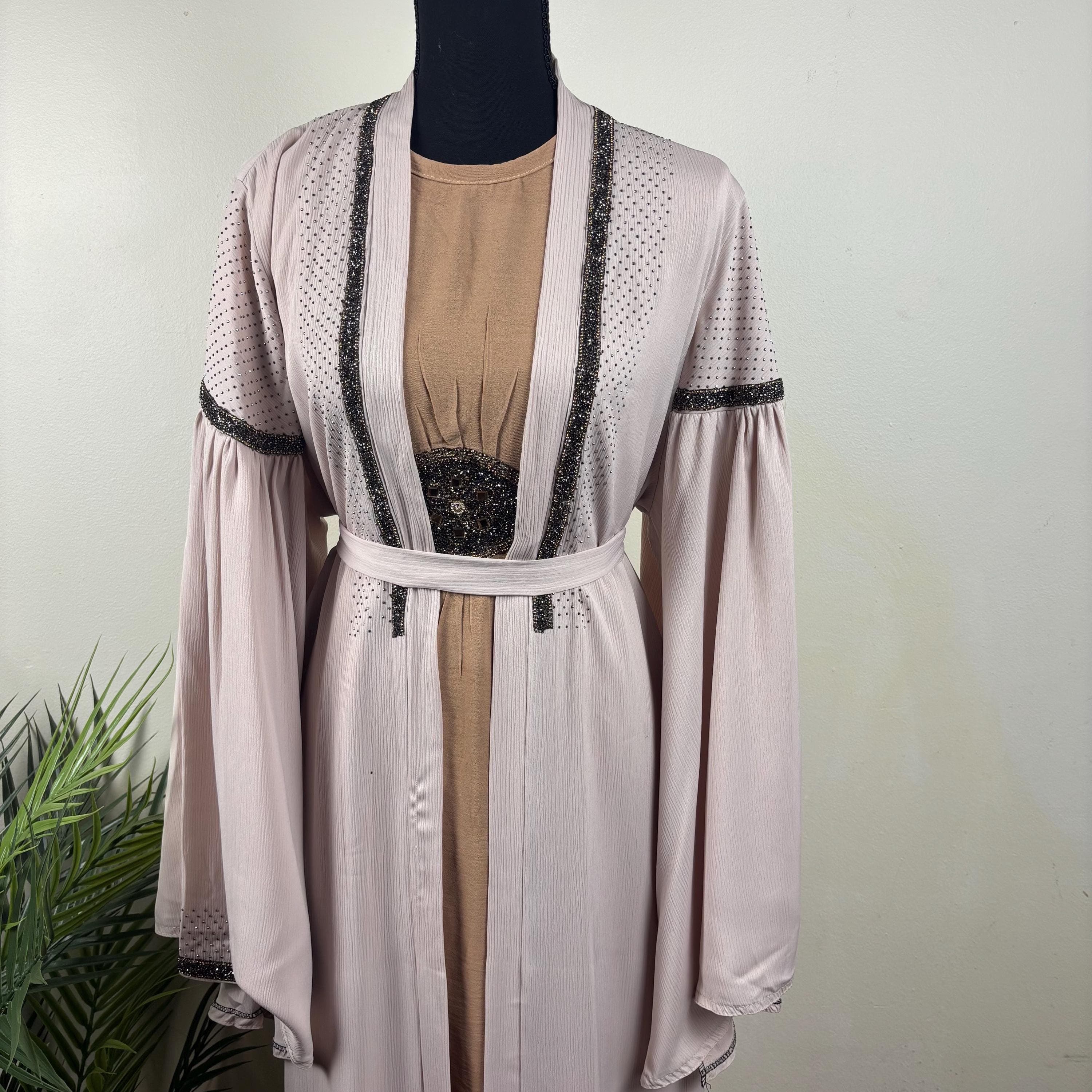 Blush Pink Open Abaya with Black Beaded Trim | 2 Piece Modest Kimono Set - image 3