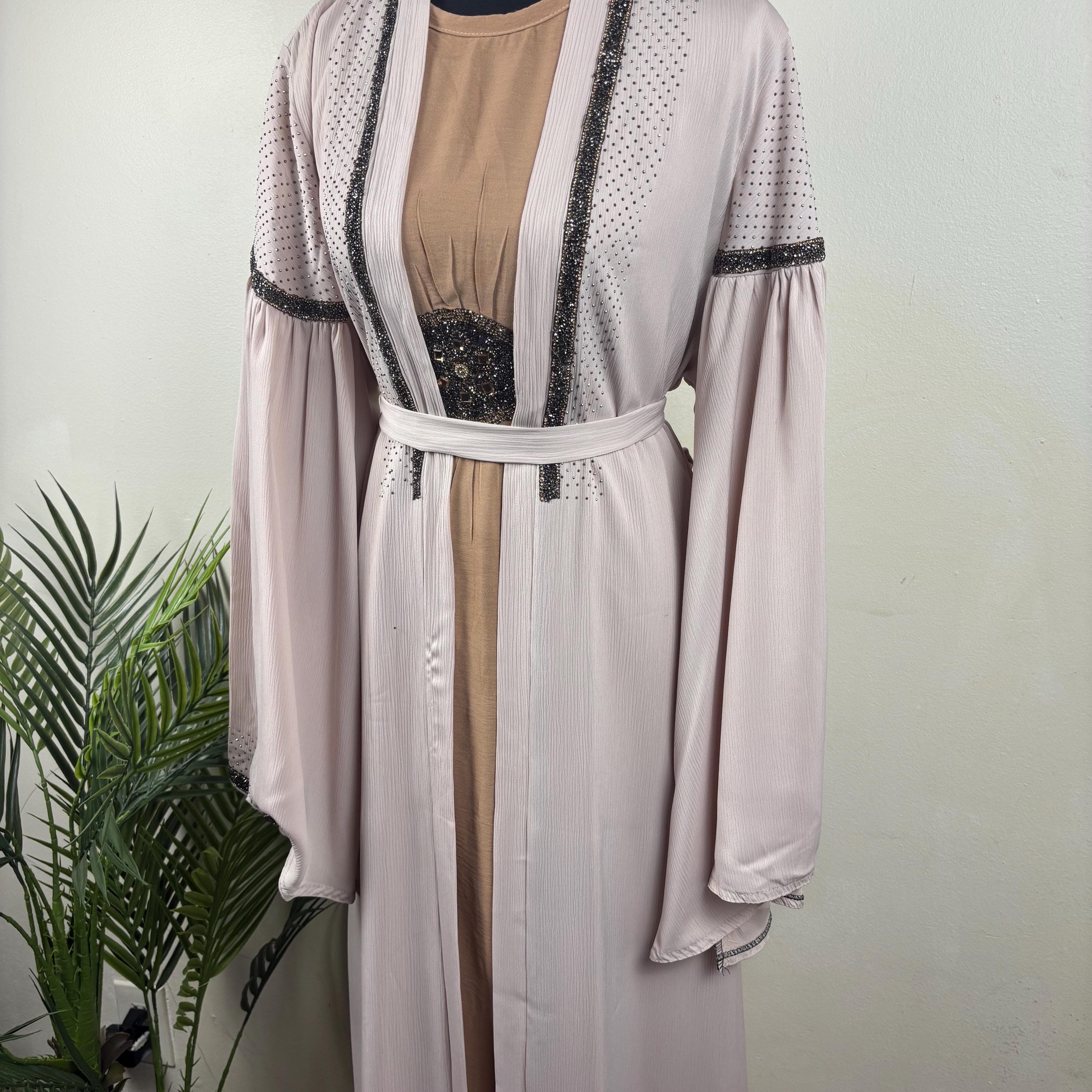 Blush Pink Open Abaya with Black Beaded Trim | 2 Piece Modest Kimono Set