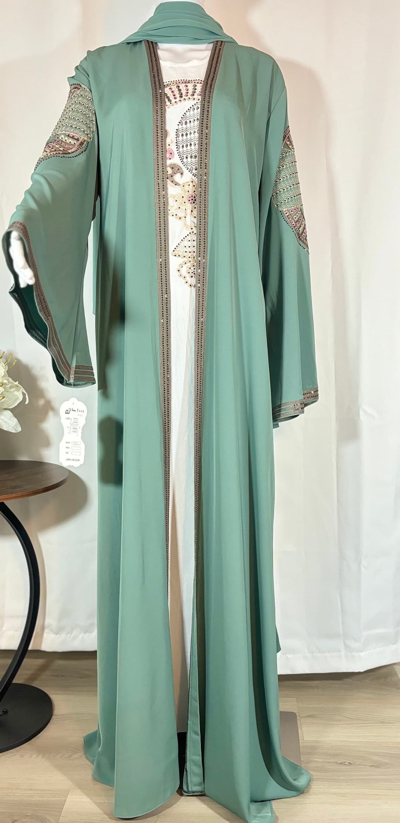 Harissa Light Green Embroidered Abaya set: Modest Eid Outfit - image 5