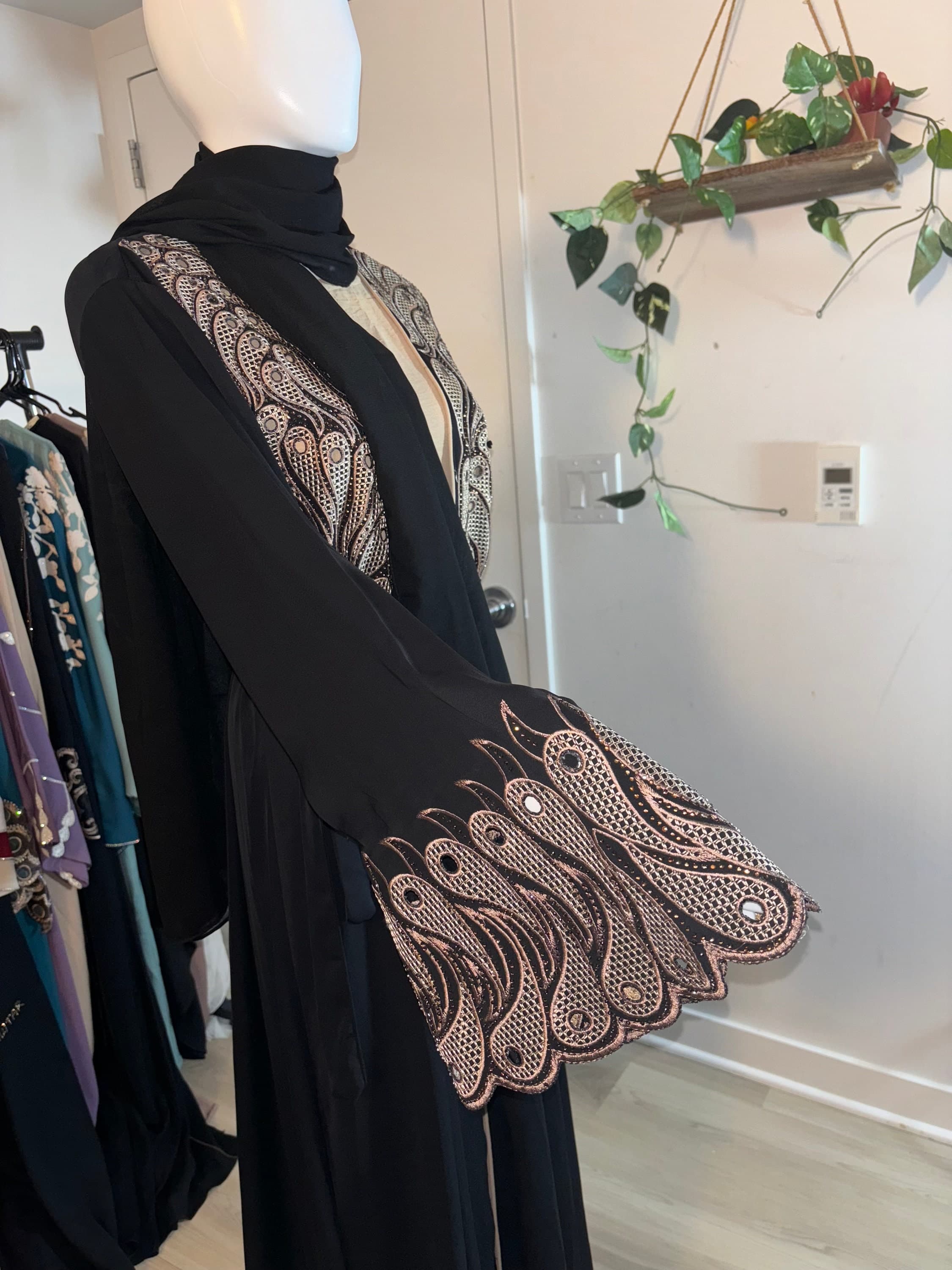 Black Embroidered Open Abaya for Women, Luxury Modest Kimono Abaya with Hijab, Eid Outfit - image 4