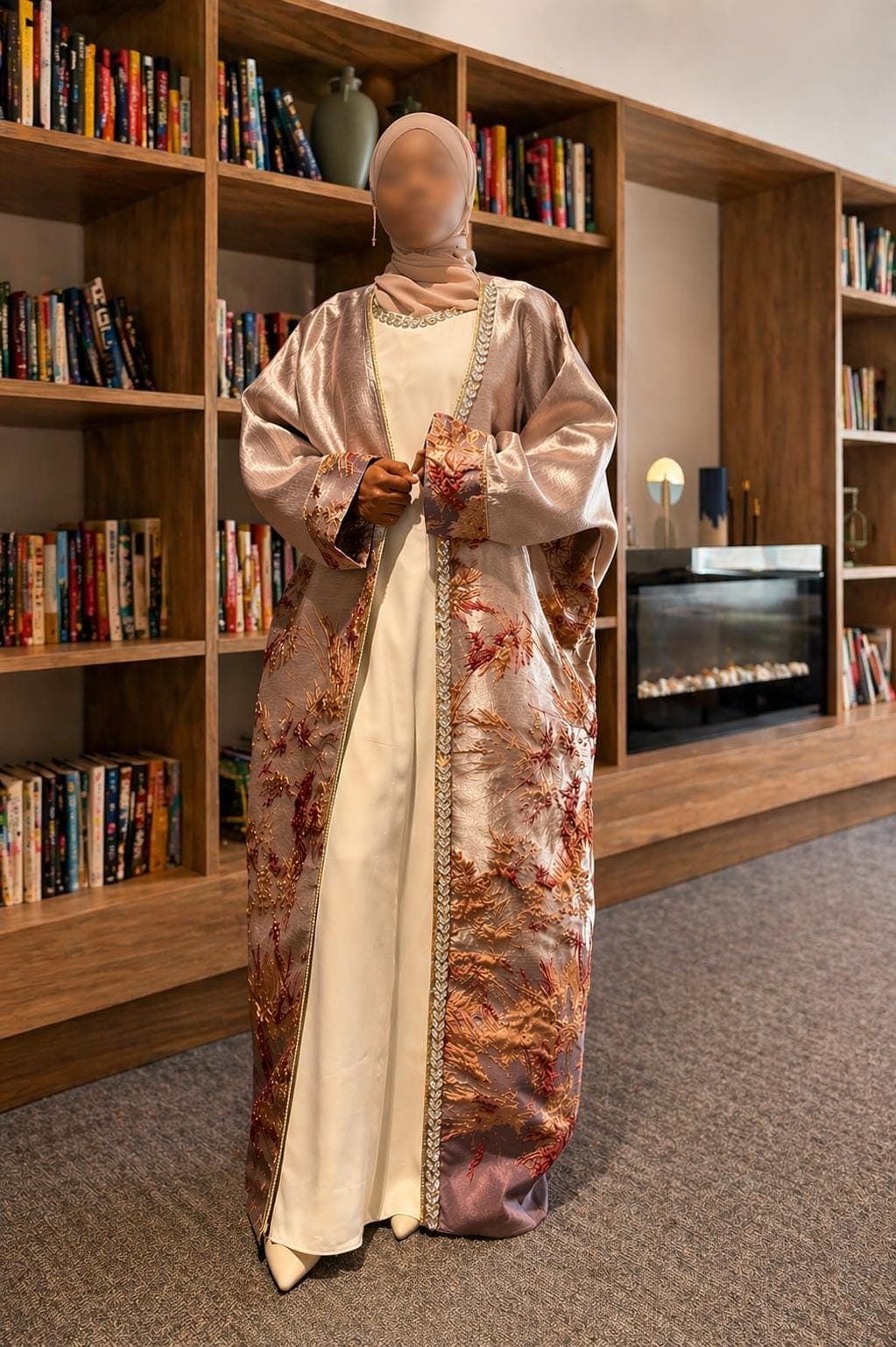 Luxury Brocade Abaya Set with Inner Dress (Mavue Pink)