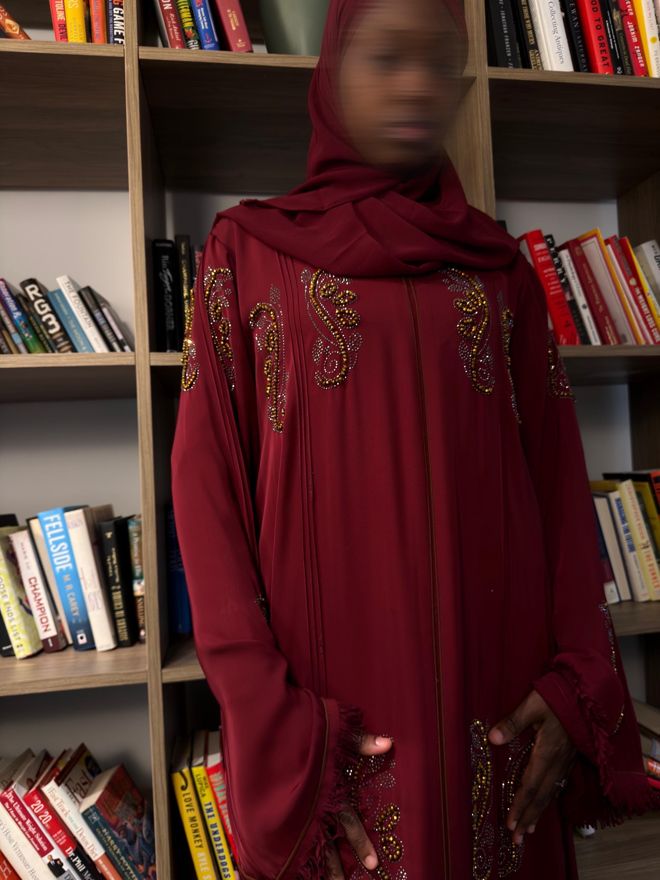 Burgundy Beaded Abaya Dress With Matching Scarf - image 3