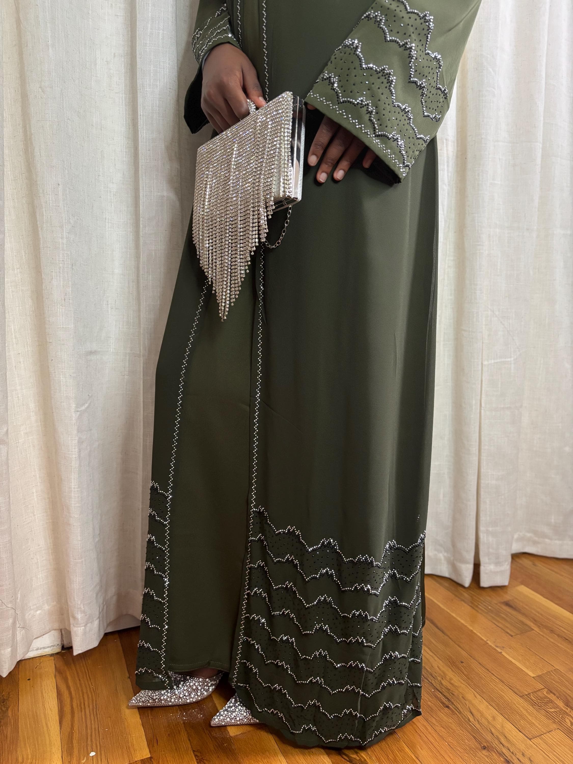 Olive Green Rhinestone Abaya | Luxury Modest Abaya | Evening Occasion Dress | Nikkah outfit - image 5