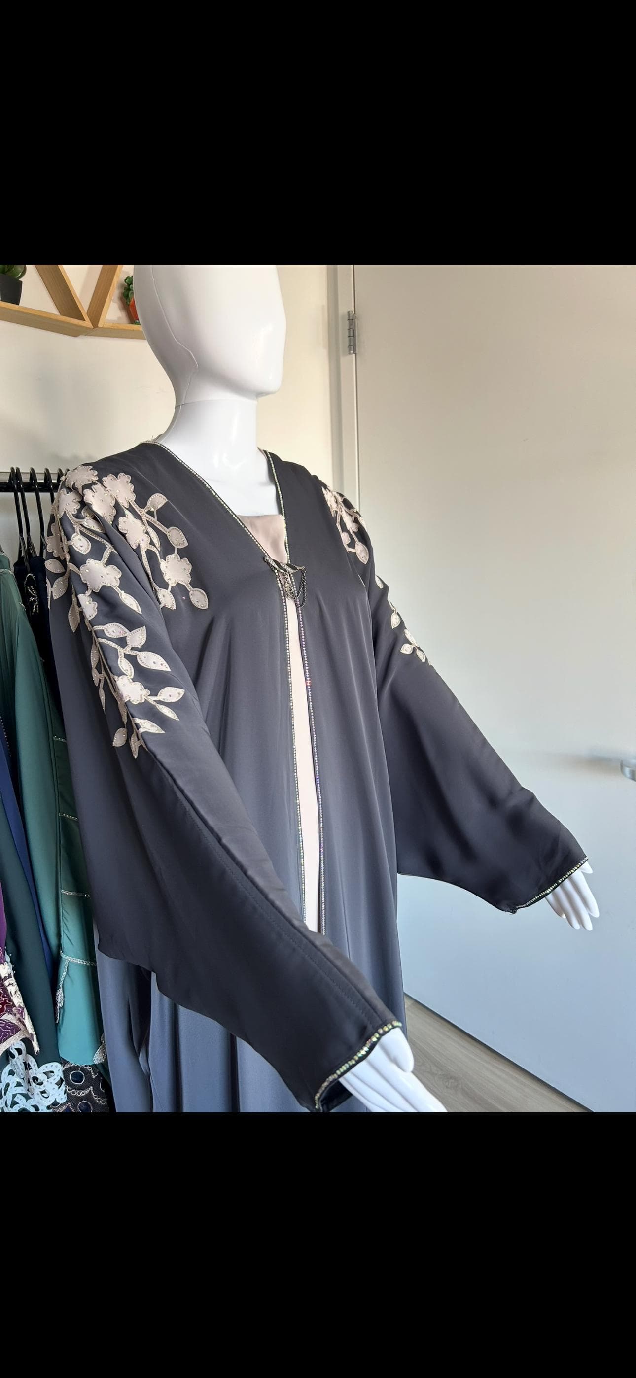 Charcoal Gray Open Front Abaya with Floral Embroidered Sleeves – Modest Satin Abaya for Women - image 3