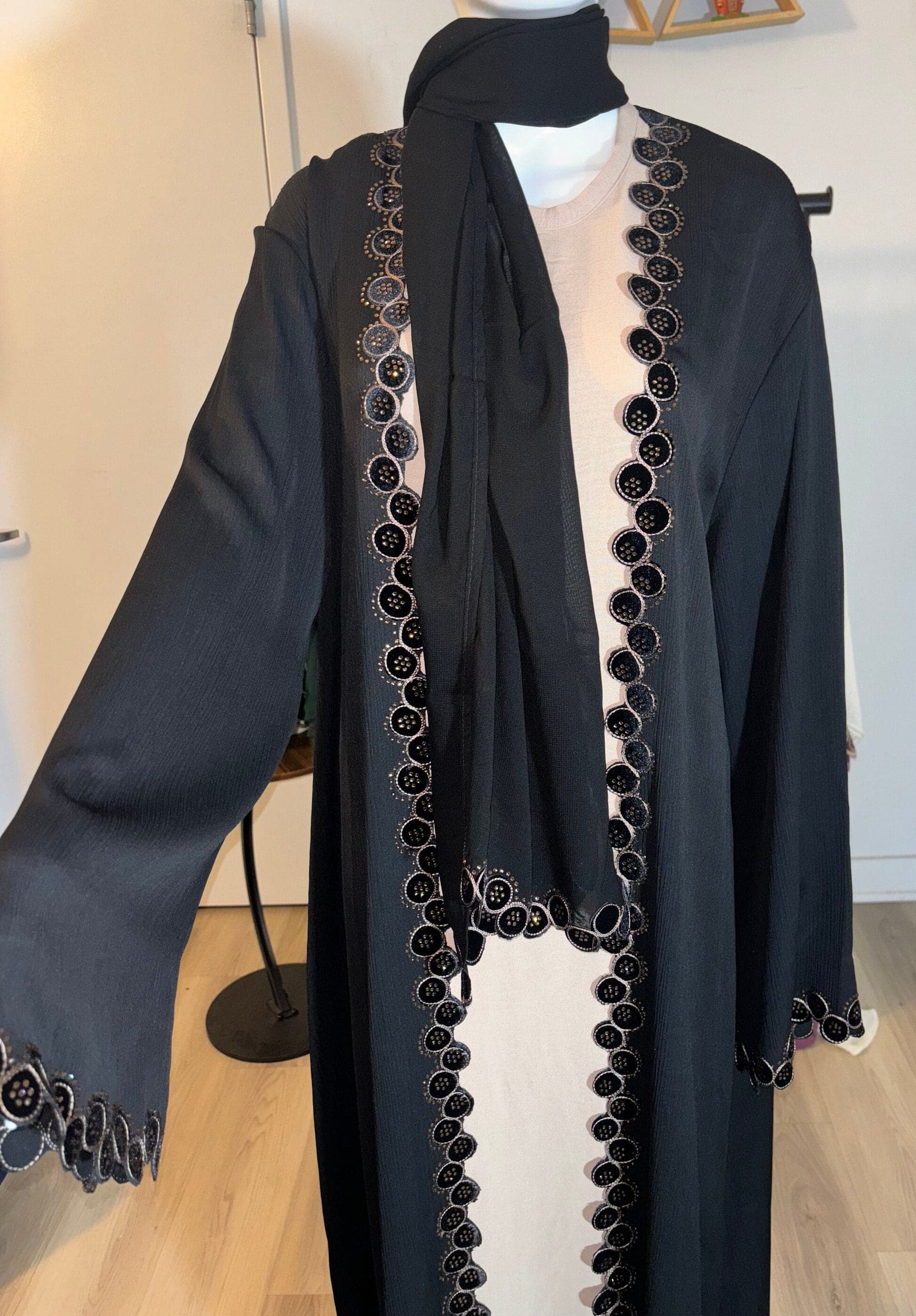 Embroidered Black Open Abaya with Matching Hijab