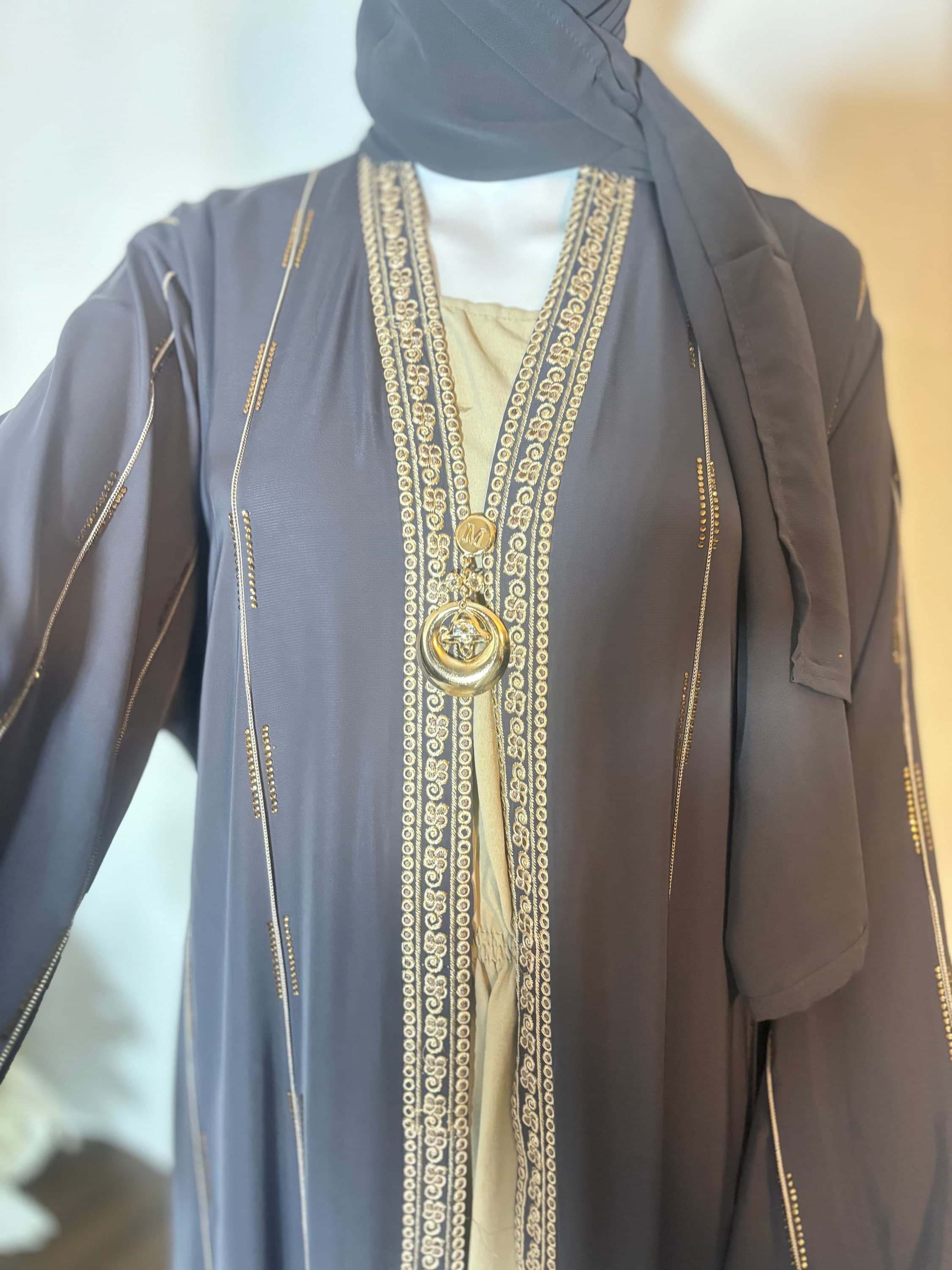 Dark Gray Abaya with Gold Embellishments and matching hijab