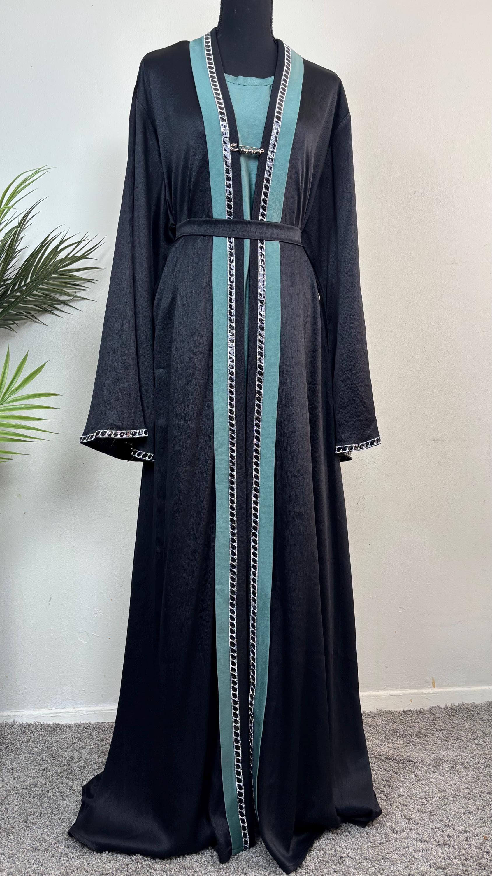 Three Piece Set Abaya with Stone Trim: Attached Inner  - Sage green/Deep Brown - image 3