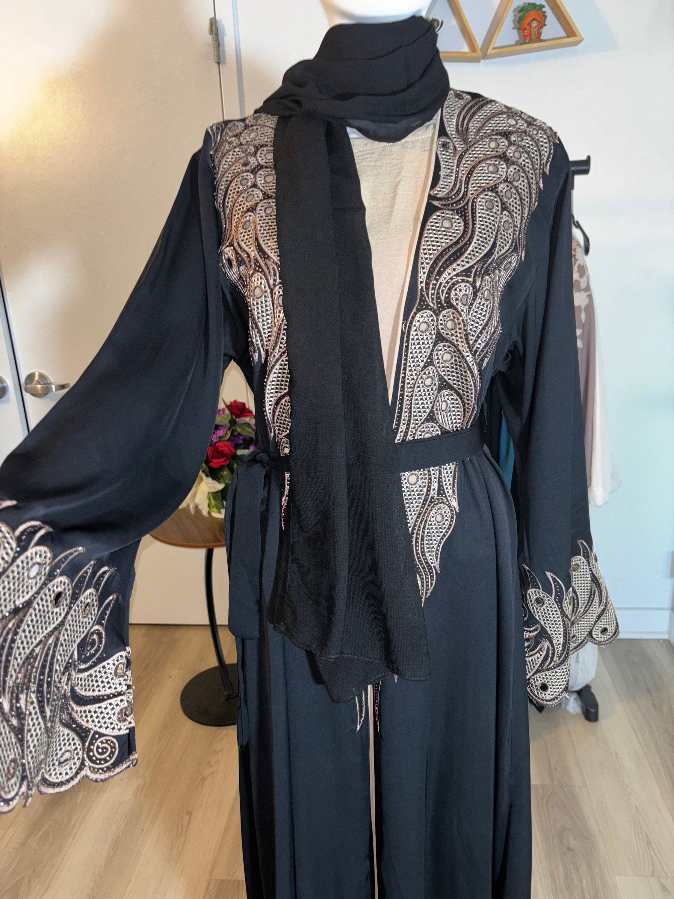 Black Embroidered Open Abaya for Women, Luxury Modest Kimono Abaya with Hijab, Eid Outfit