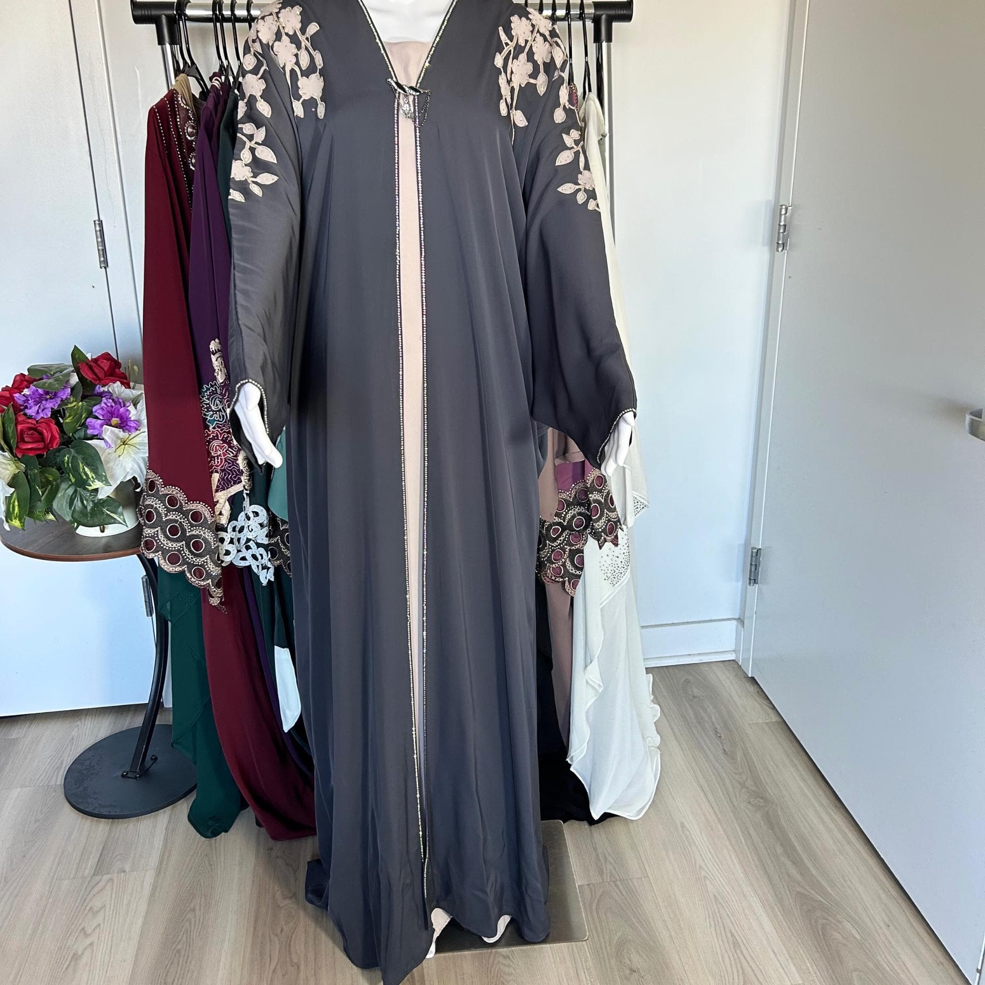 Charcoal Gray Open Front Abaya with Floral Embroidered Sleeves – Modest Satin Abaya for Women
