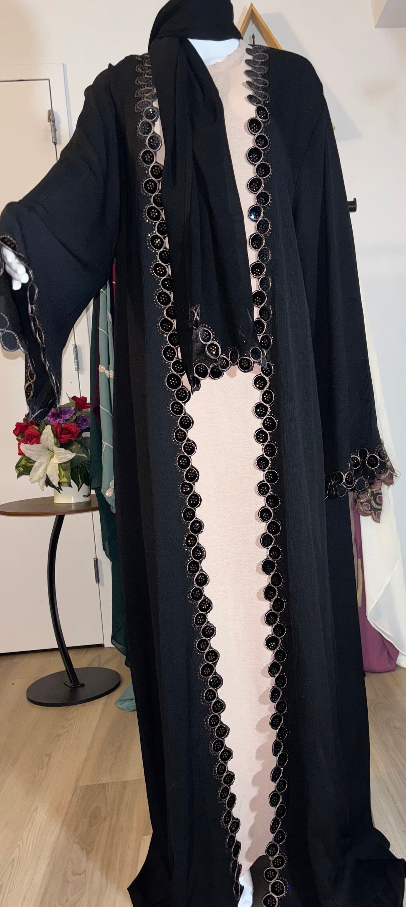 Embroidered Black Open Abaya with Matching Hijab - image 3