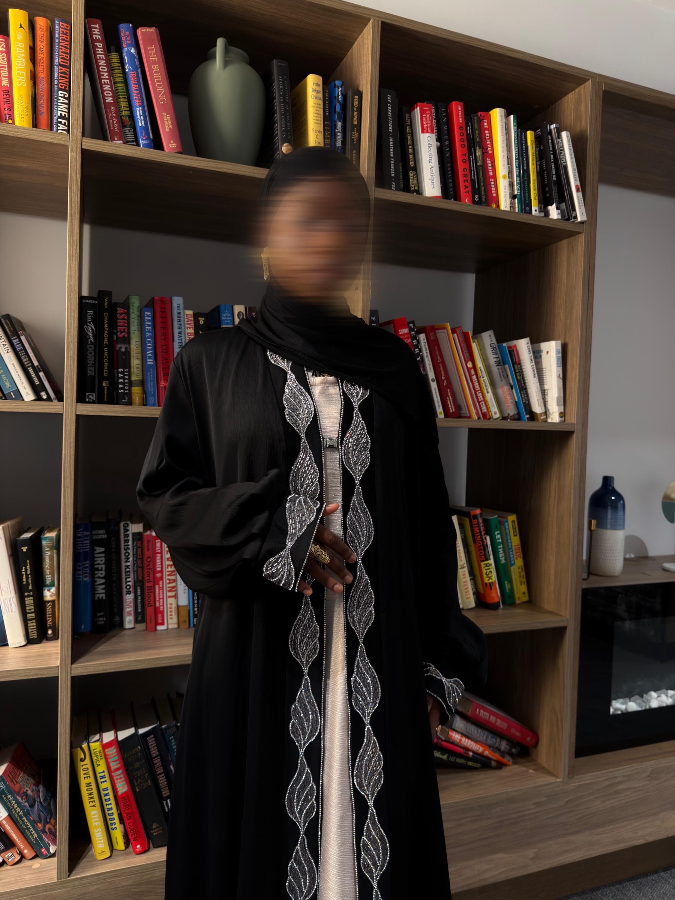 Black Open Abaya Embroidered with Crystal Bead - image 4