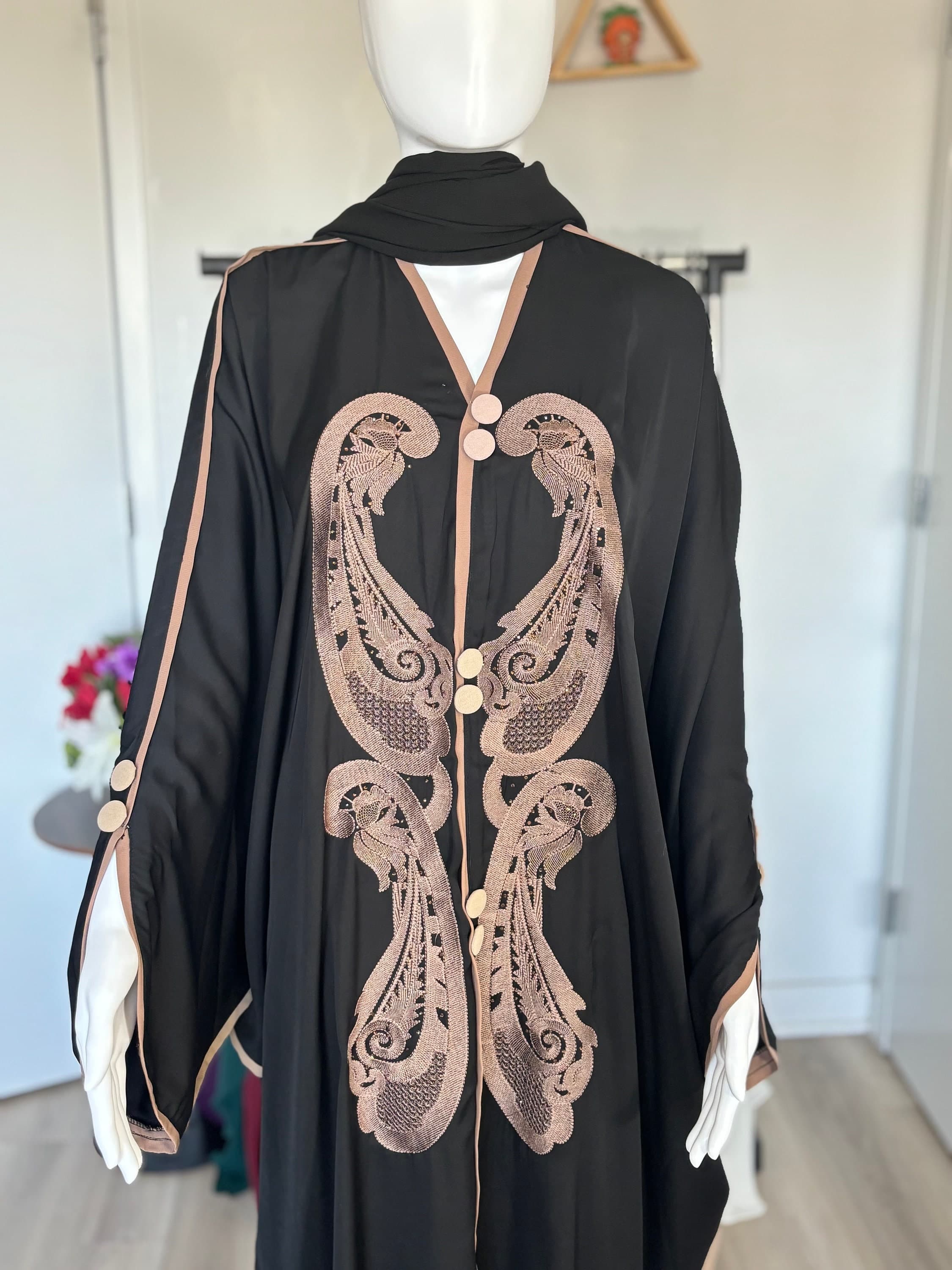 Black Nida Abaya with Rose Gold Embroidery | Elegant Closed Abaya