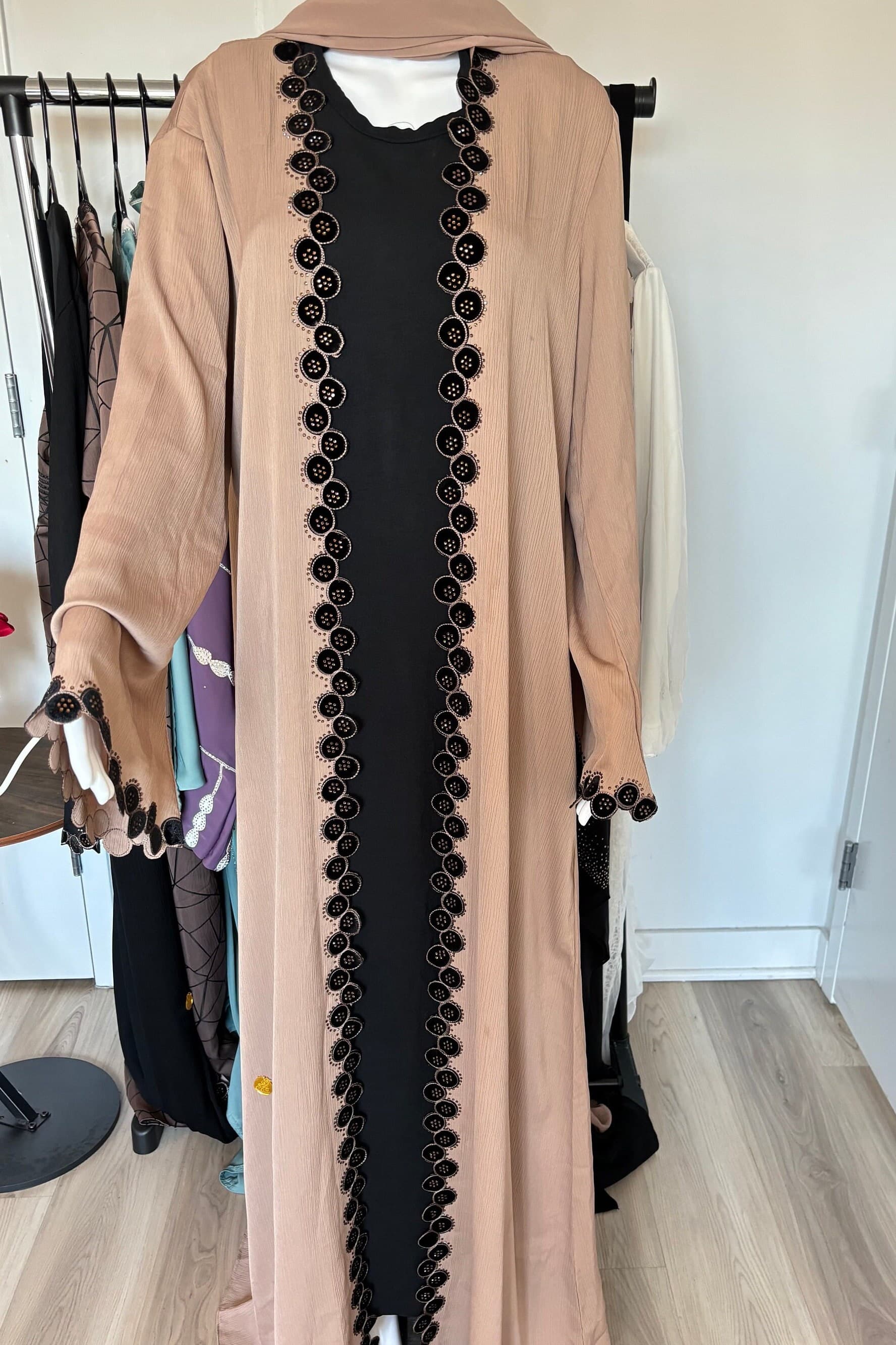 Noor Beige Embellished Abaya | Elegant Dubai Style Open Modest Dress with Hijab - image 5