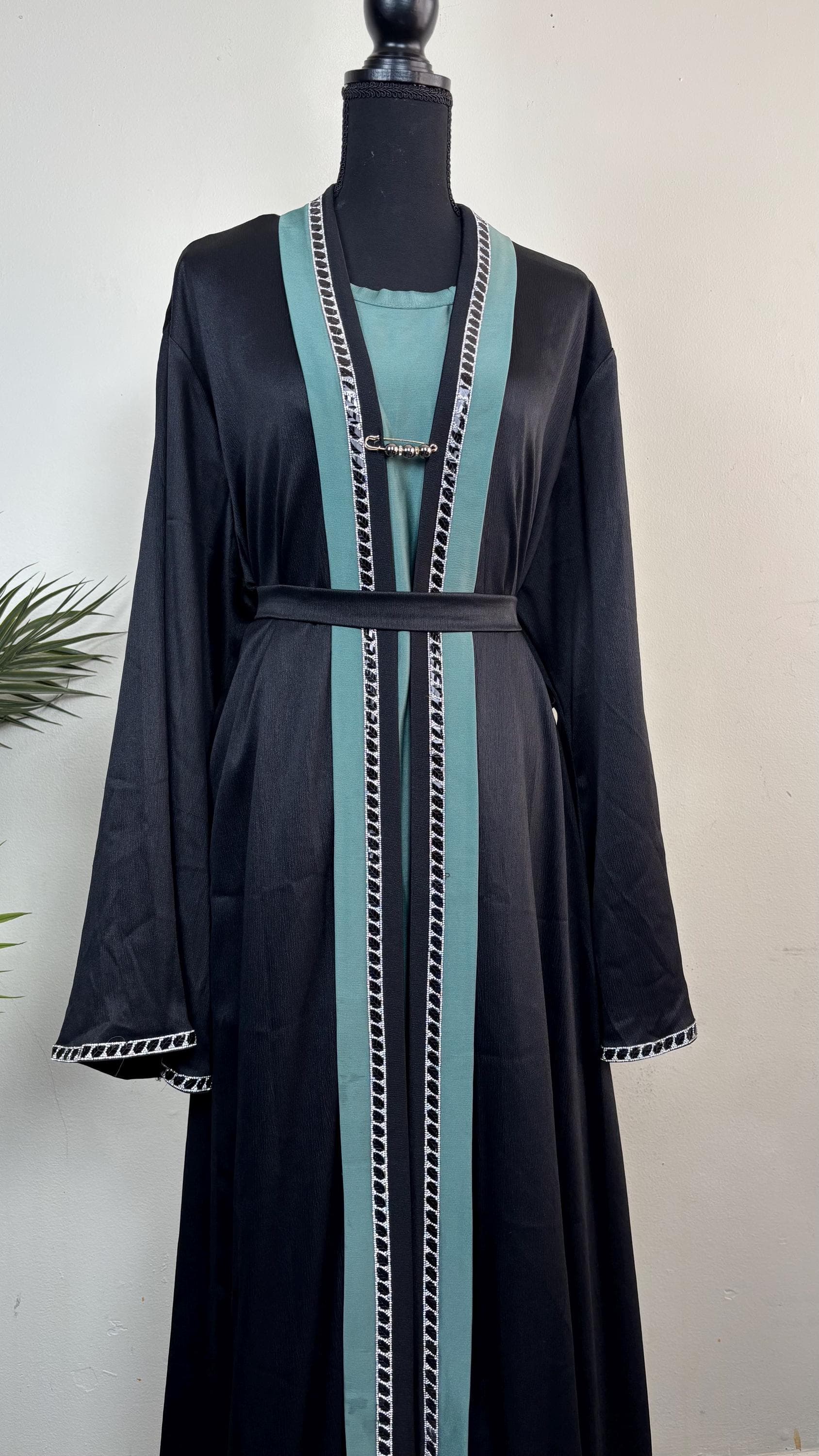 Three Piece Set Abaya with Stone Trim: Attached Inner  - Sage green/Deep Brown - image 5
