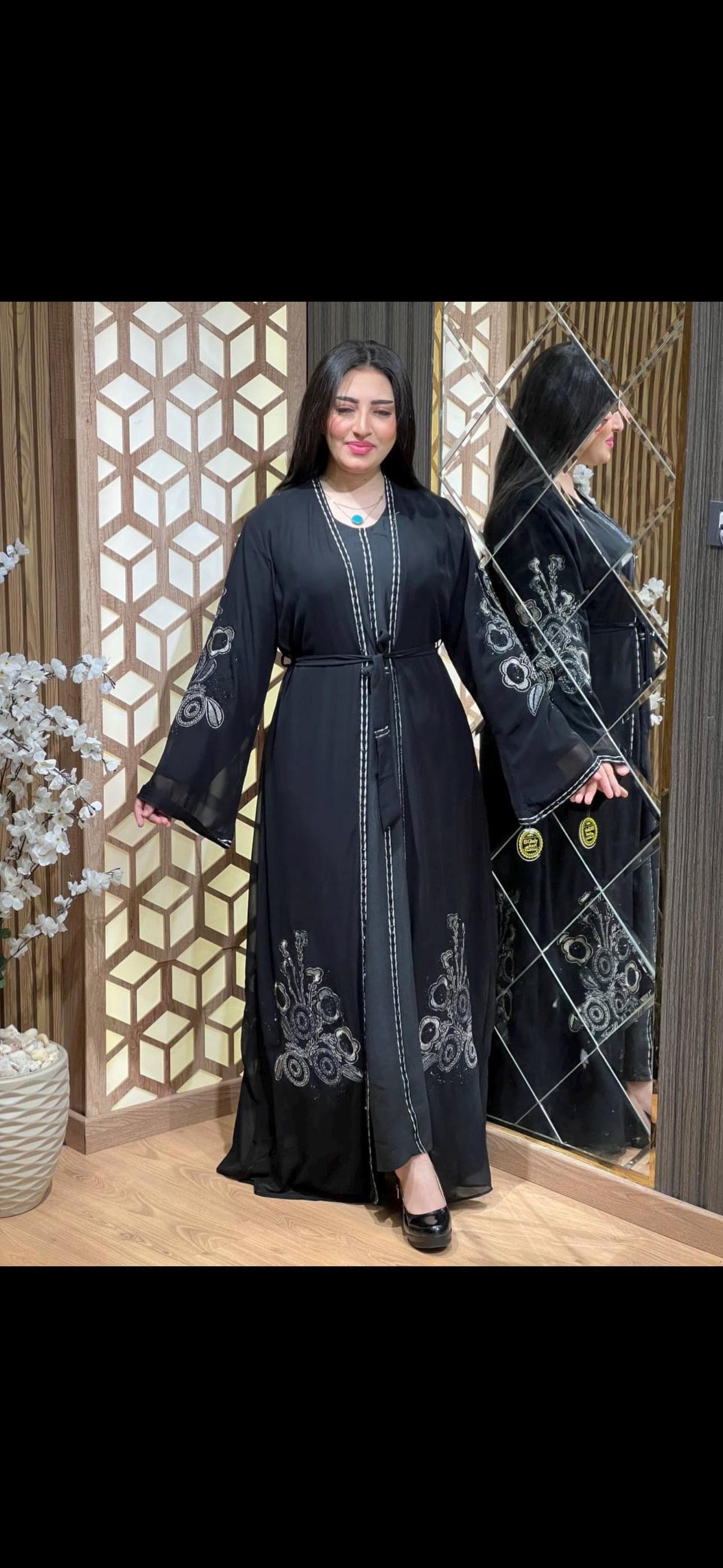 Luxury Dubai Abaya with White Floral Embroidery | Modest Islamic Clothing for Eid