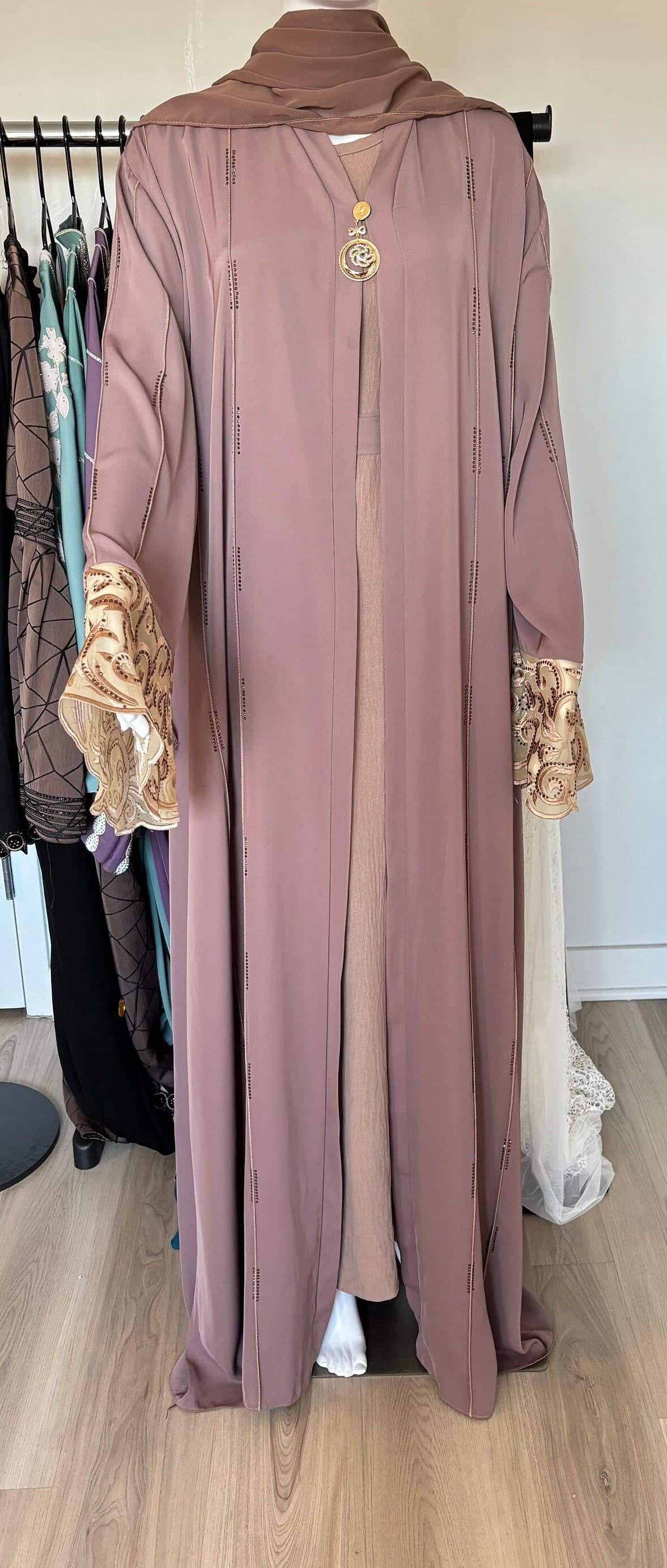 Rawda black and beige abaya with golden lace sleeves, Ramadan outfit , Modest evening dress