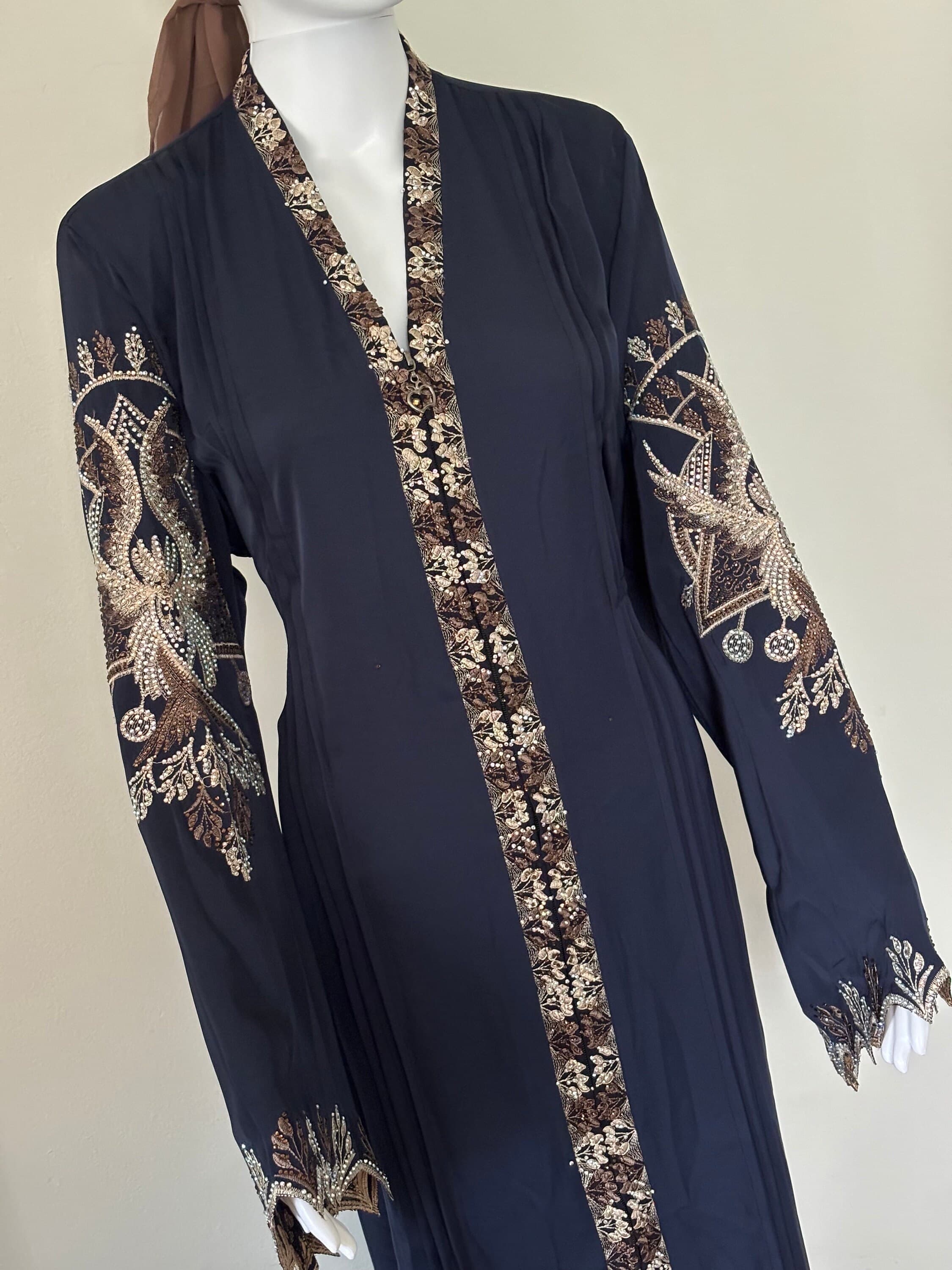 Embroidered Abaya with Belt & Hijab | Dubai Handwork Muslim Dress - image 4