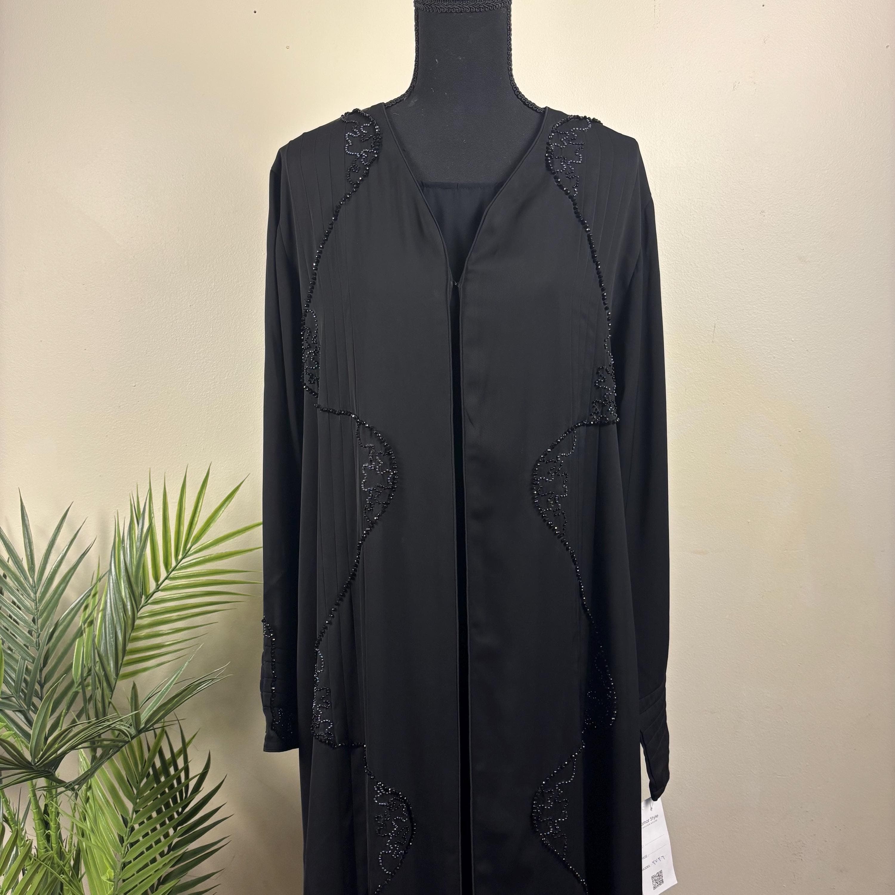 Black Beaded 2 Piece Abaya Set – Open Front Abaya with Inner Dress