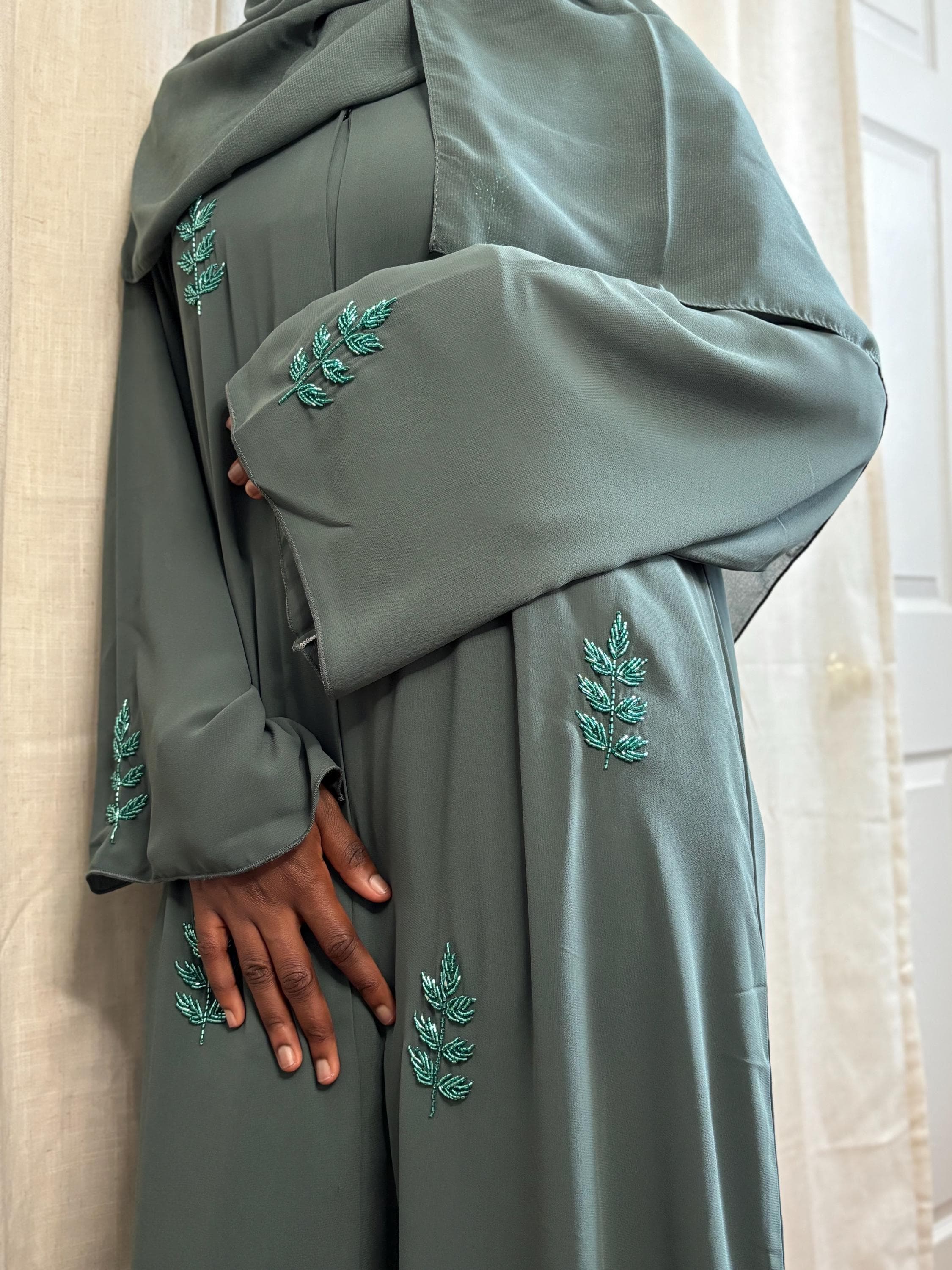 Olive Embroidered Open Abaya: Modest Dress Women’s Islamic Outfit - image 5