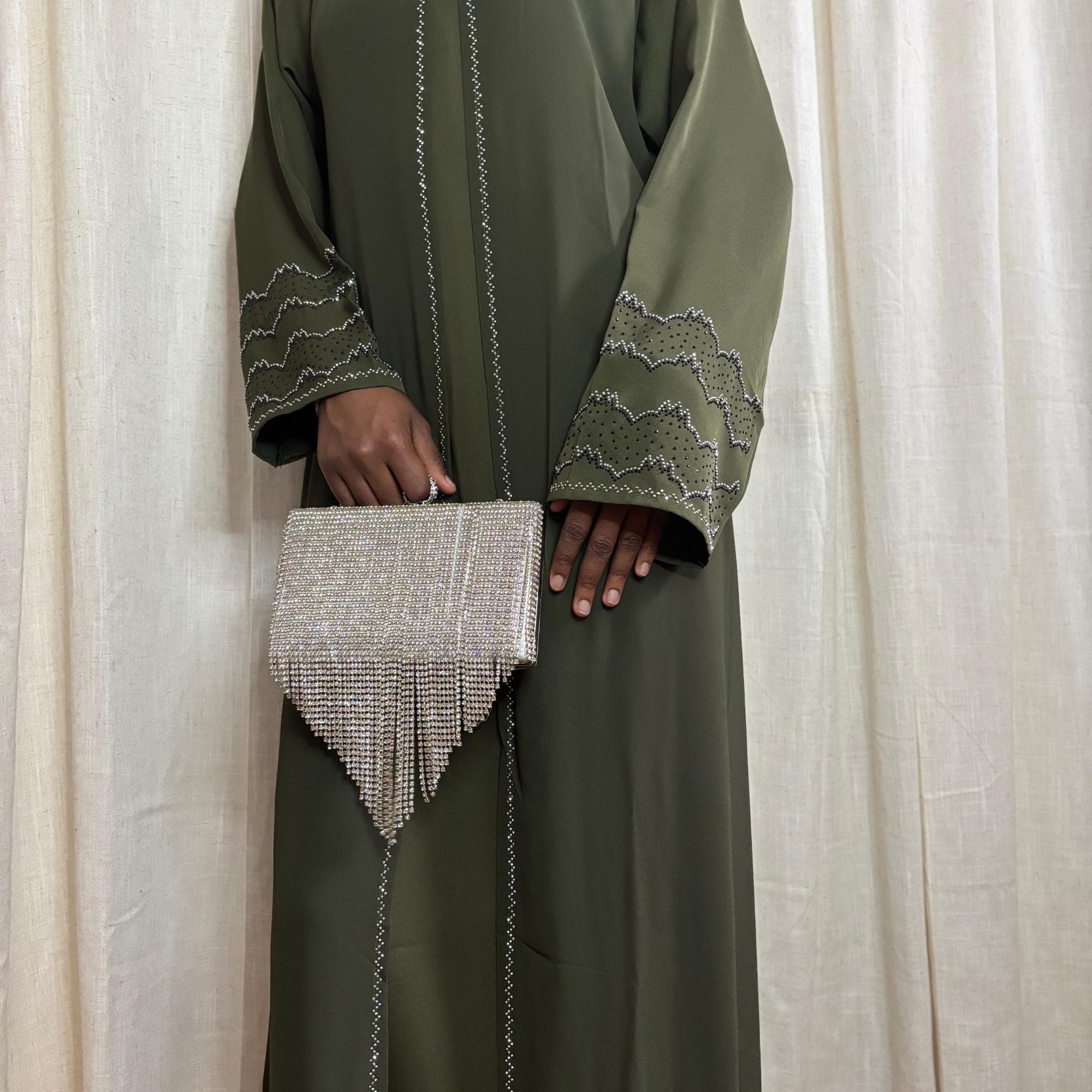 Olive Green Rhinestone Abaya | Luxury Modest Abaya | Evening Occasion Dress | Nikkah outfit