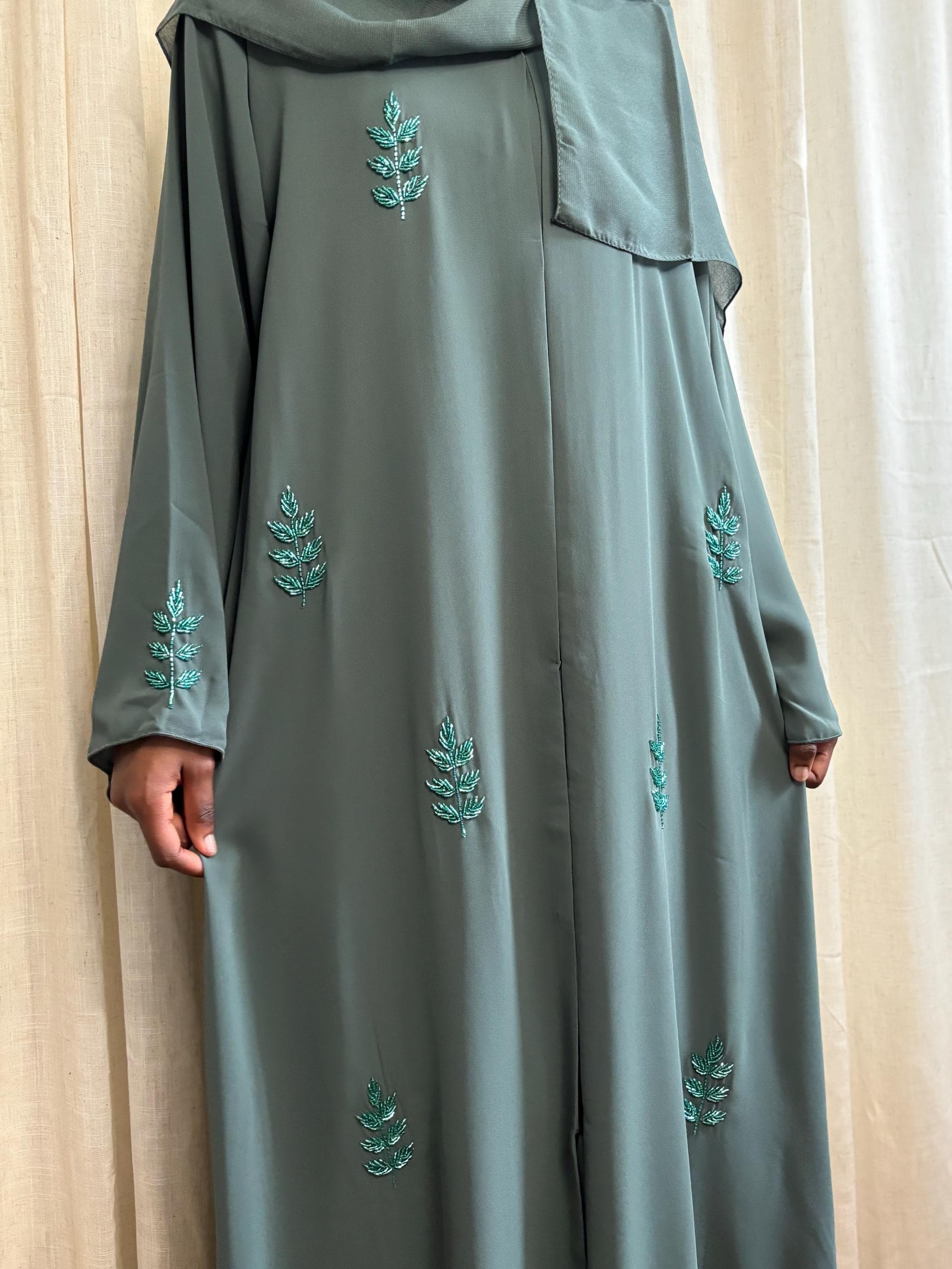Olive Embroidered Open Abaya: Modest Dress Women’s Islamic Outfit