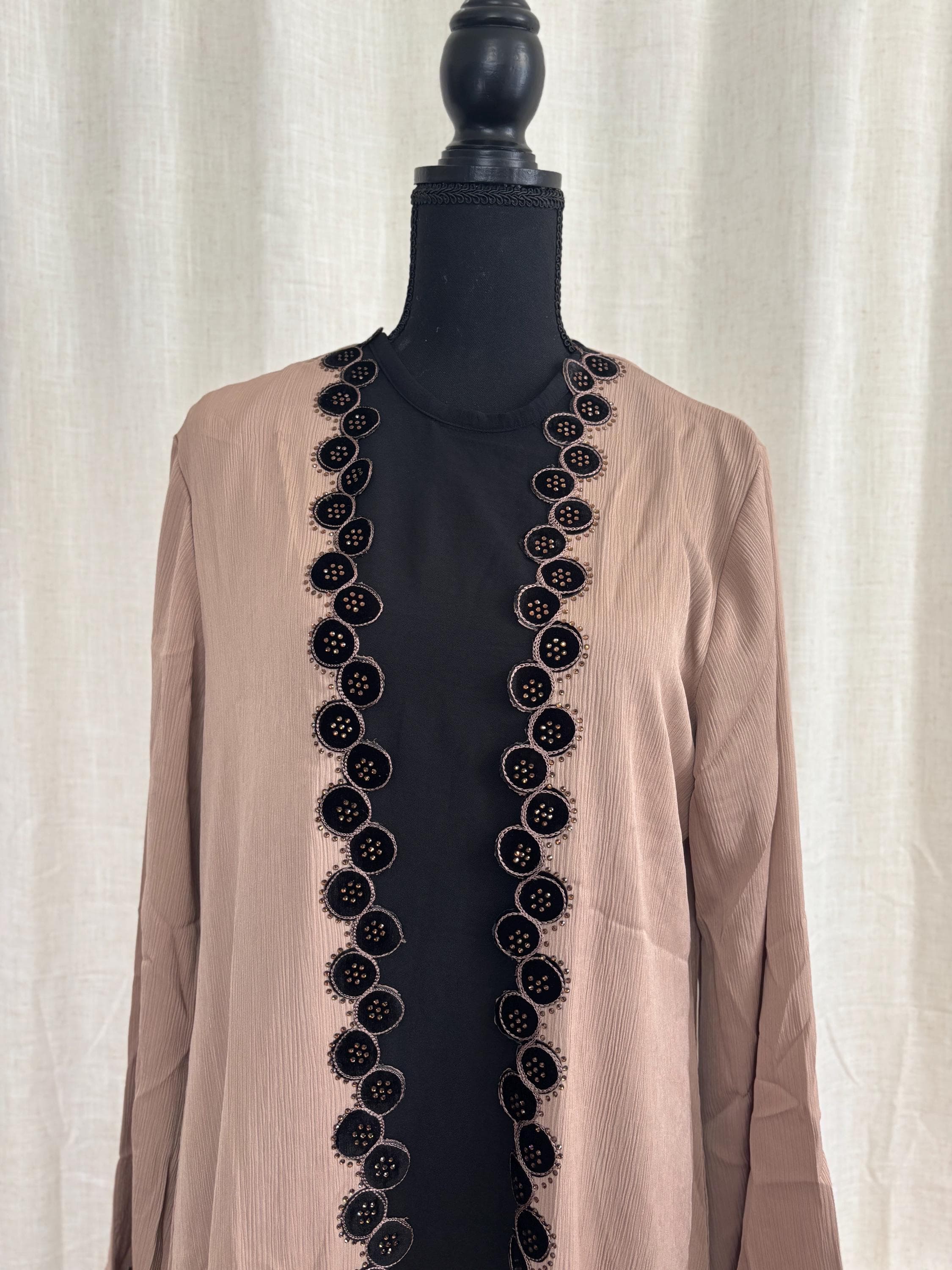 Noor Beige Embellished Abaya | Elegant Dubai Style Open Modest Dress with Hijab - image 3