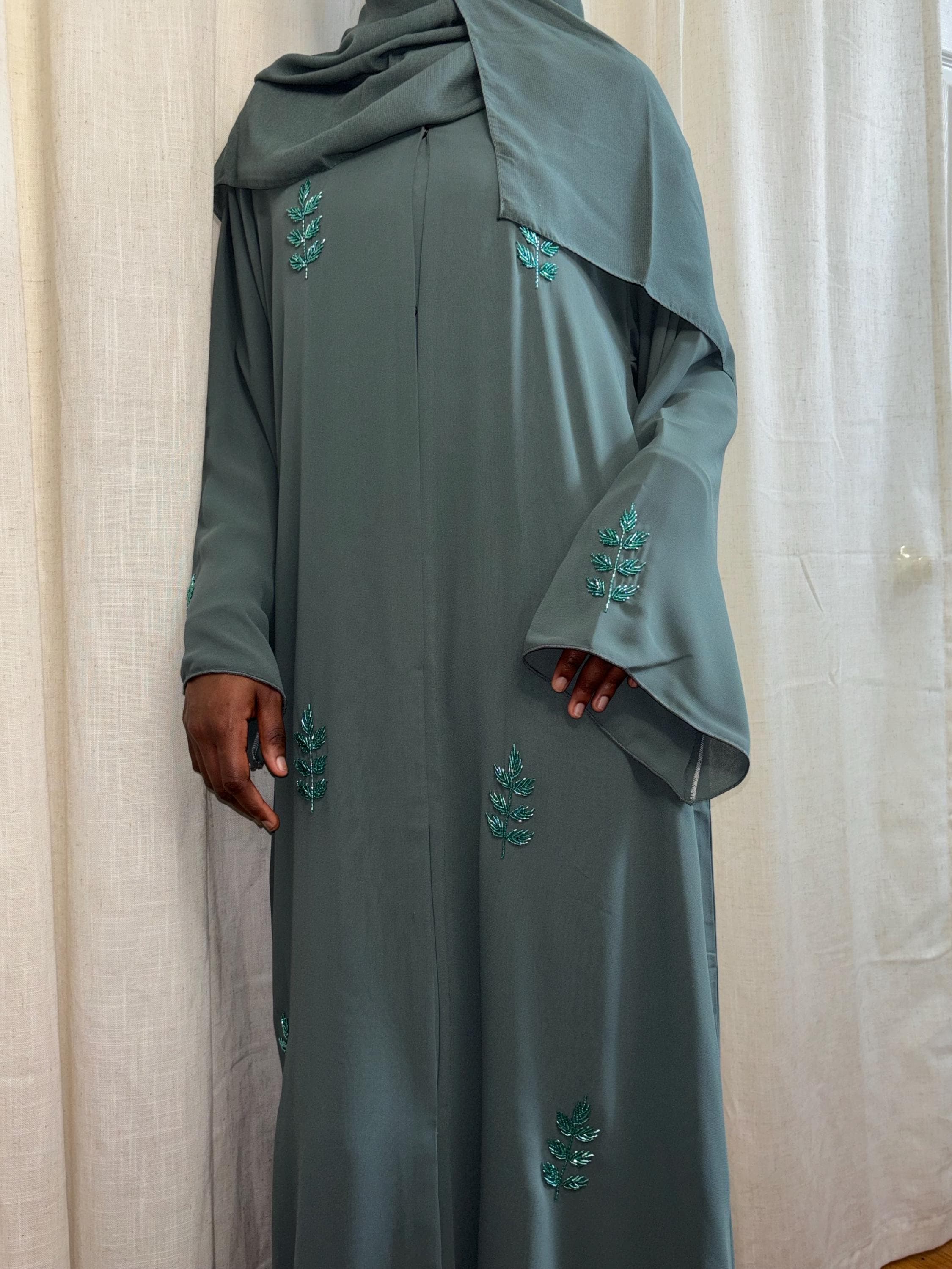 Olive Embroidered Open Abaya: Modest Dress Women’s Islamic Outfit - image 4