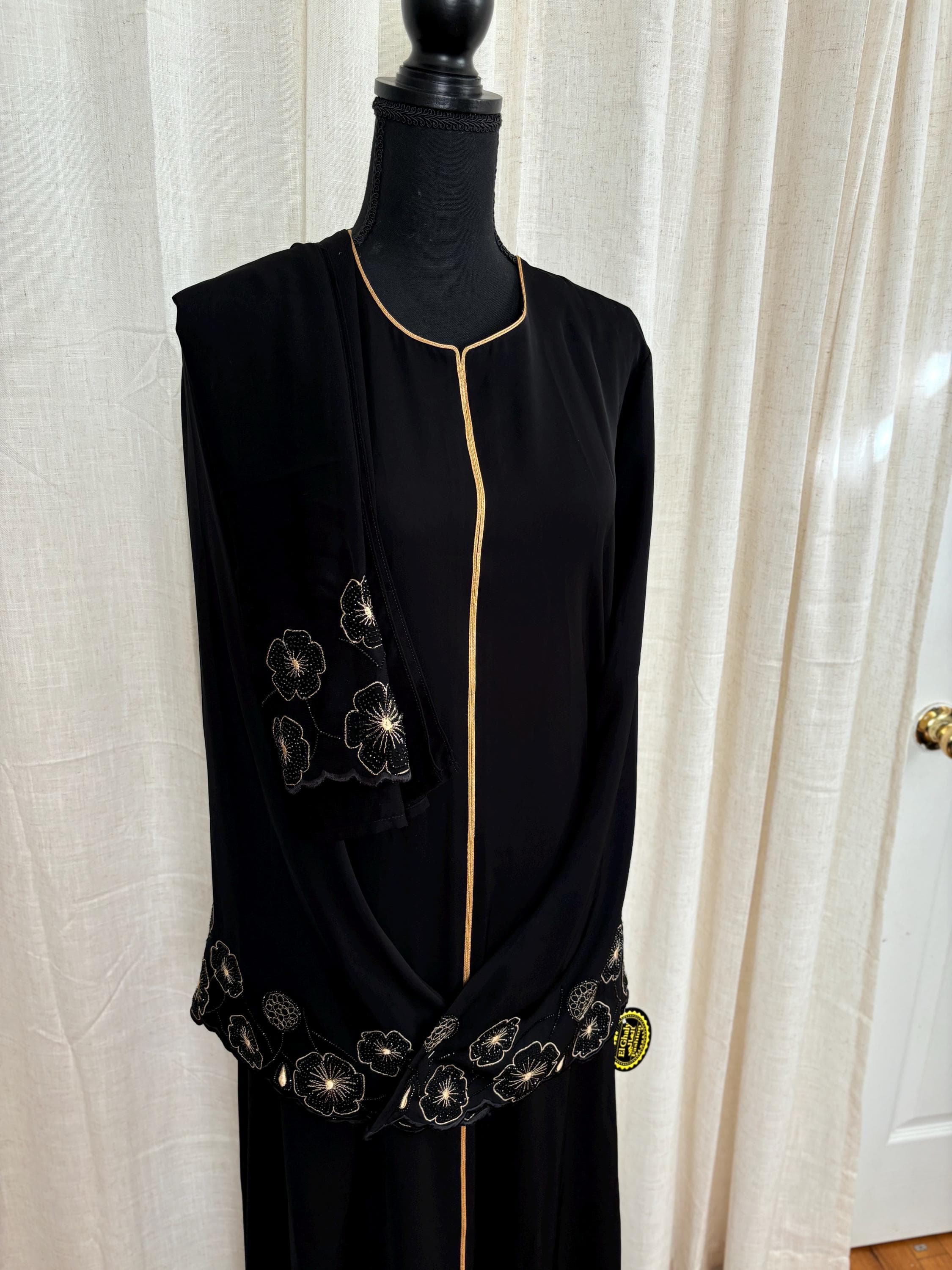 Modest Evening Abaya with gold embroidery, Eid Outfit