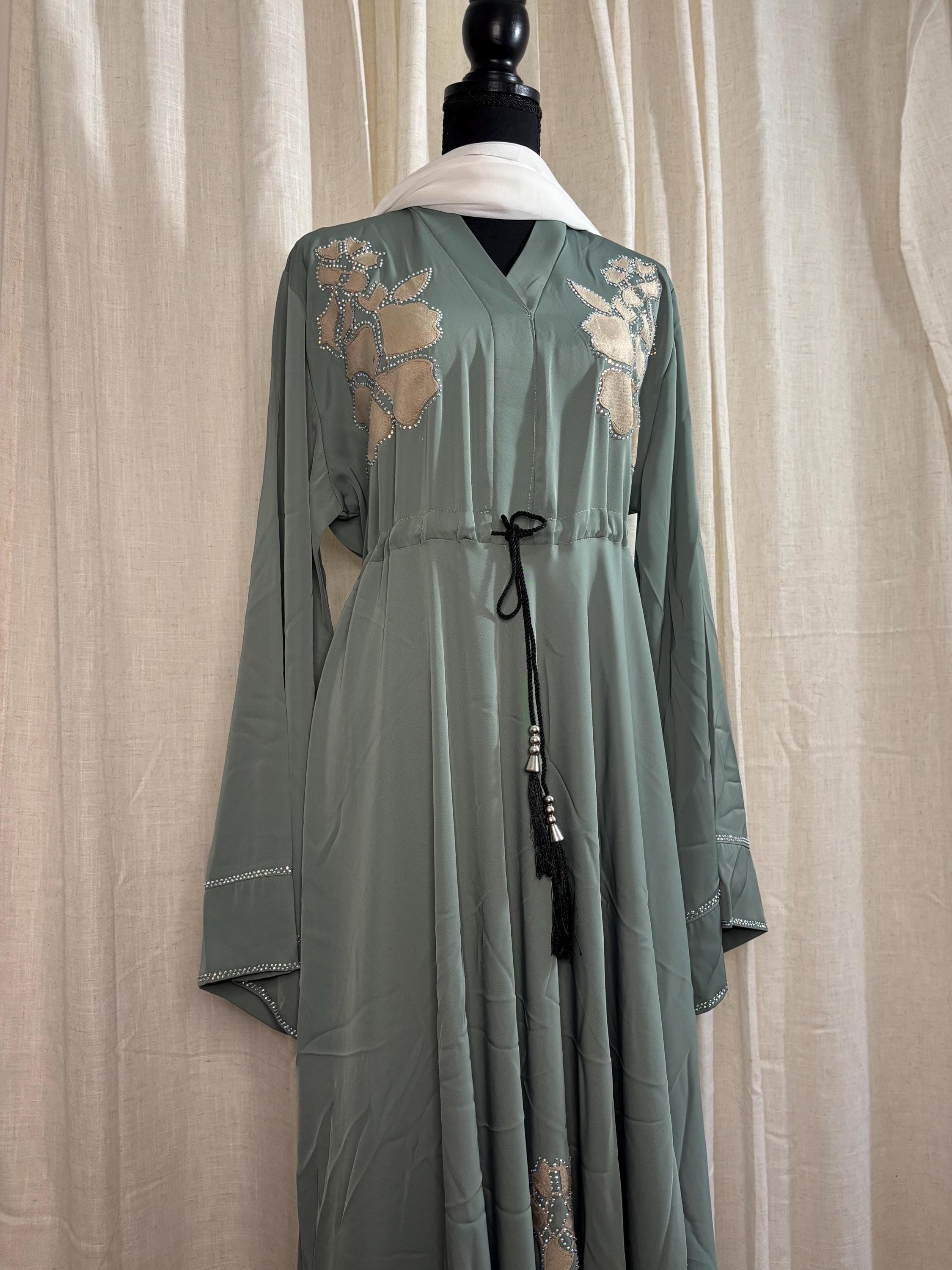 Sage Green Floral Embroidered Abaya for Women, Modest Closed Abaya, Eid Outfit - image 5