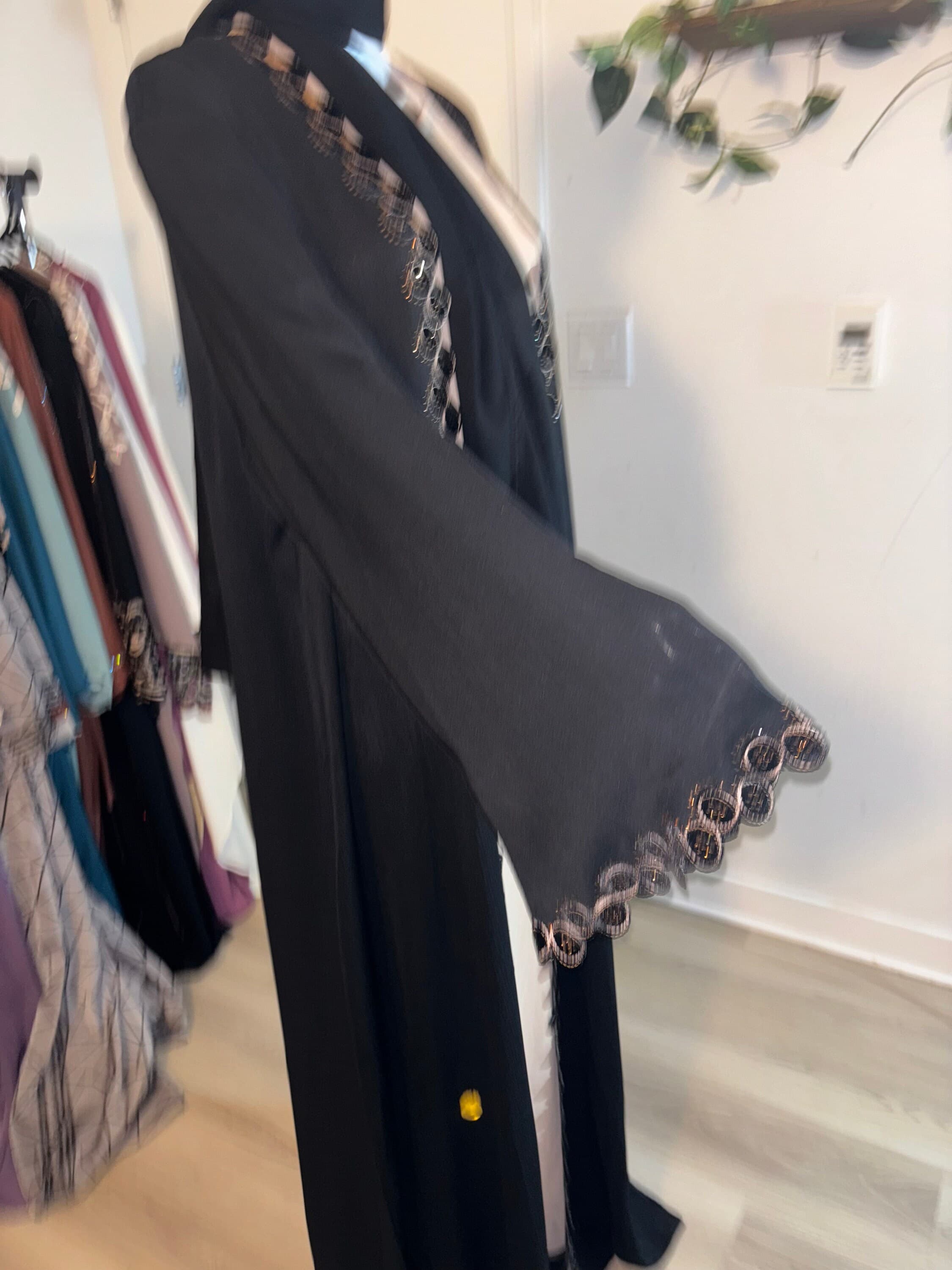 Embroidered Black Open Abaya with Matching Hijab - image 5
