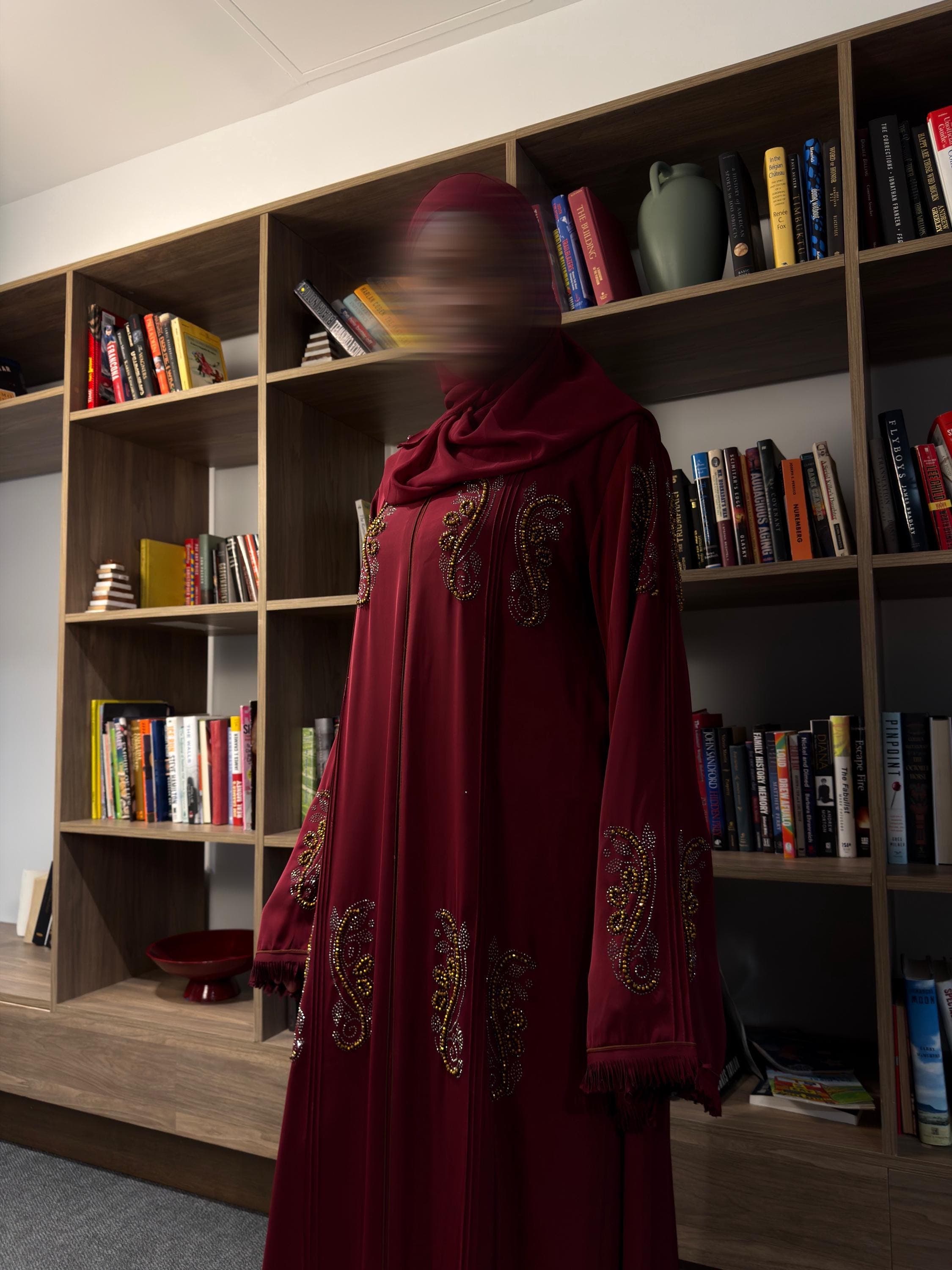 Burgundy Beaded Abaya Dress With Matching Scarf - image 5