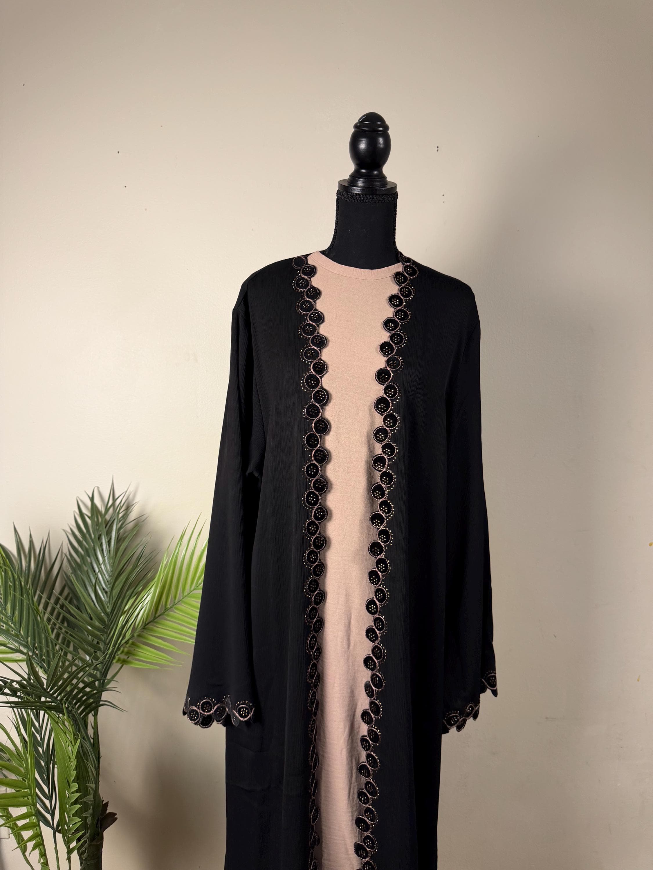 Noor Beige Embellished Abaya | Elegant Dubai Style Open Modest Dress with Hijab - image 4