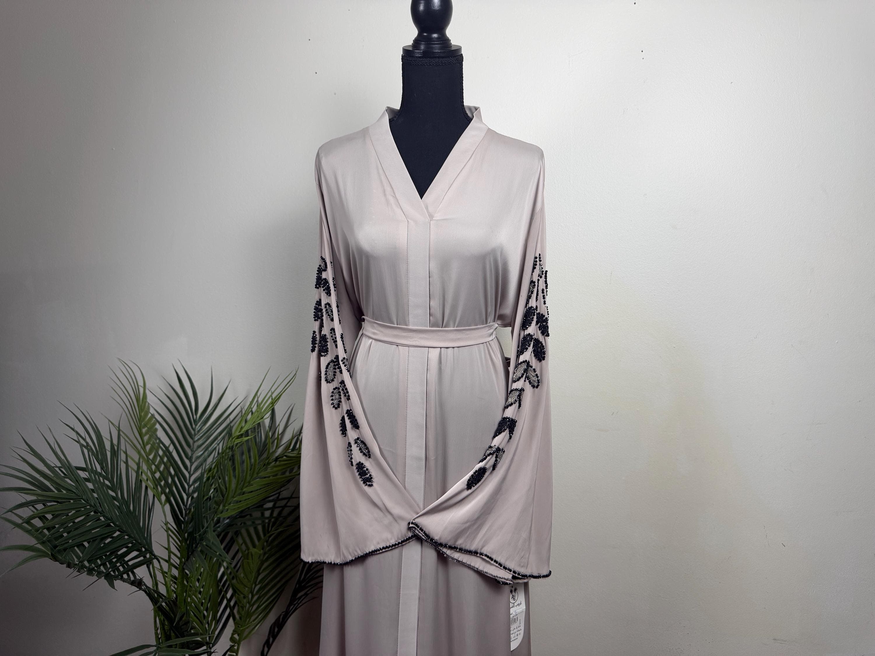 Liyana Taupe Embellished Abaya with Black Beaded Sleeves | Modest Muslim Dress | Eid Evening Abaya