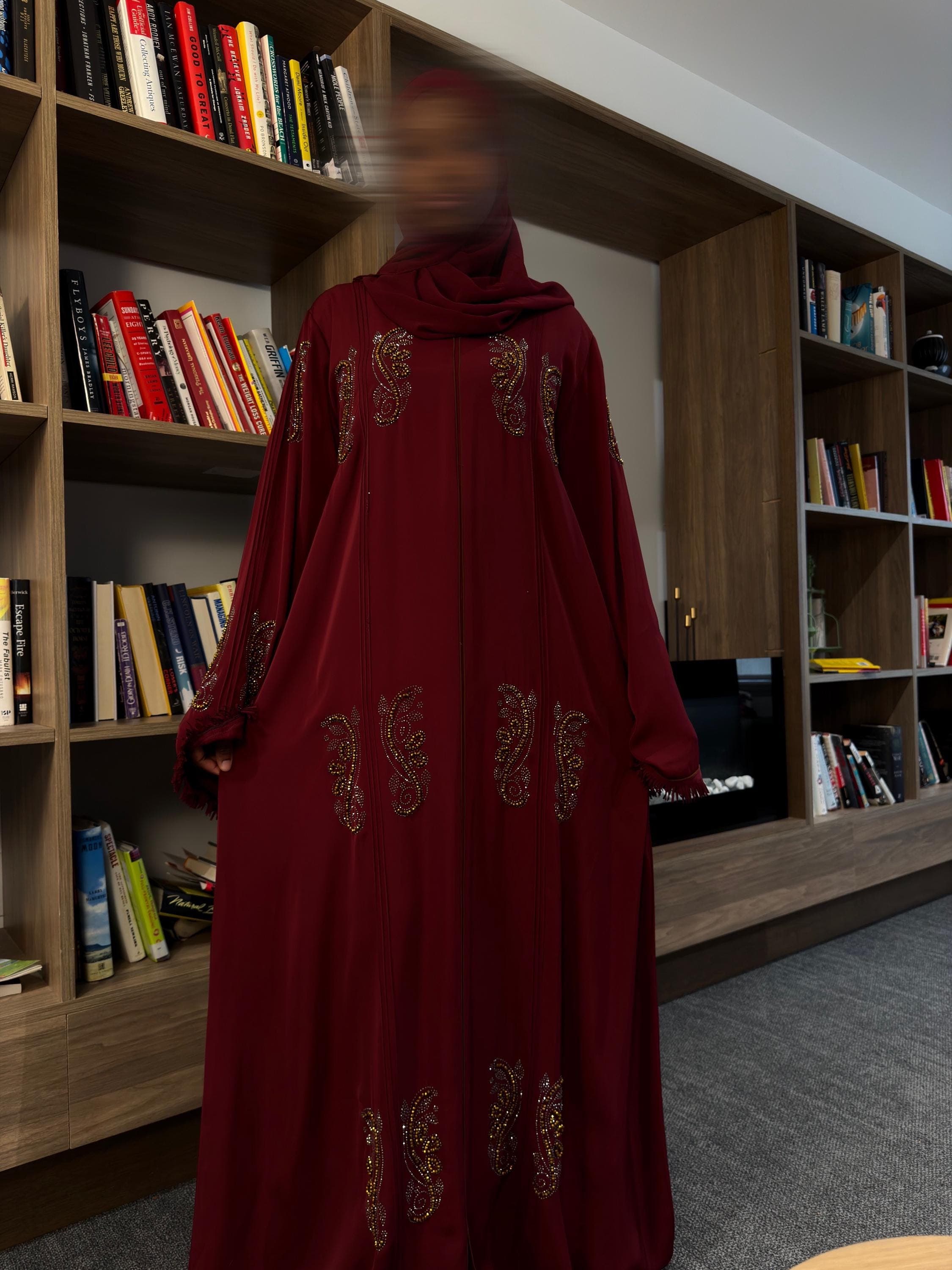 Burgundy Beaded Abaya Dress With Matching Scarf