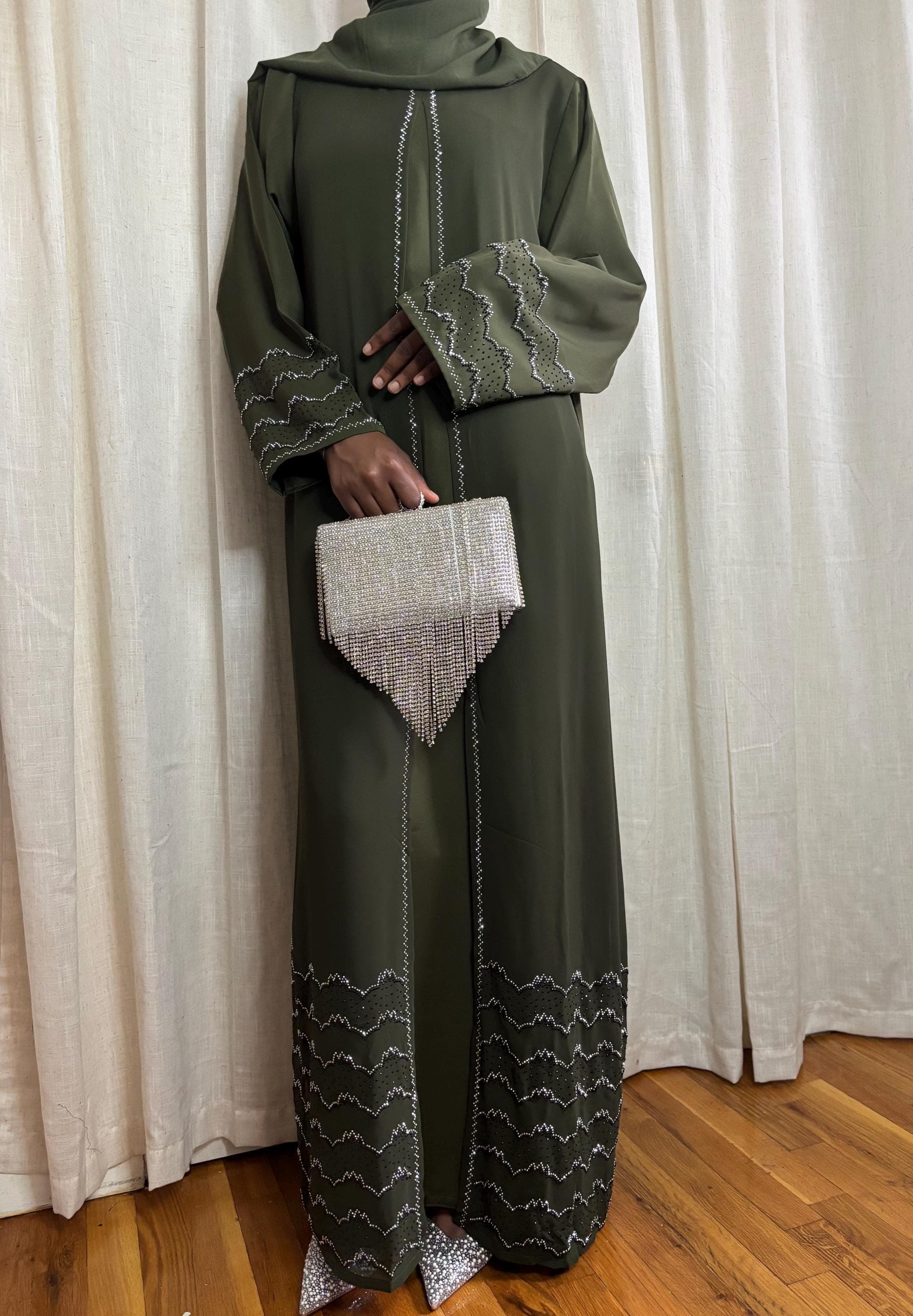 Olive Green Rhinestone Abaya | Luxury Modest Abaya | Evening Occasion Dress | Nikkah outfit - image 3
