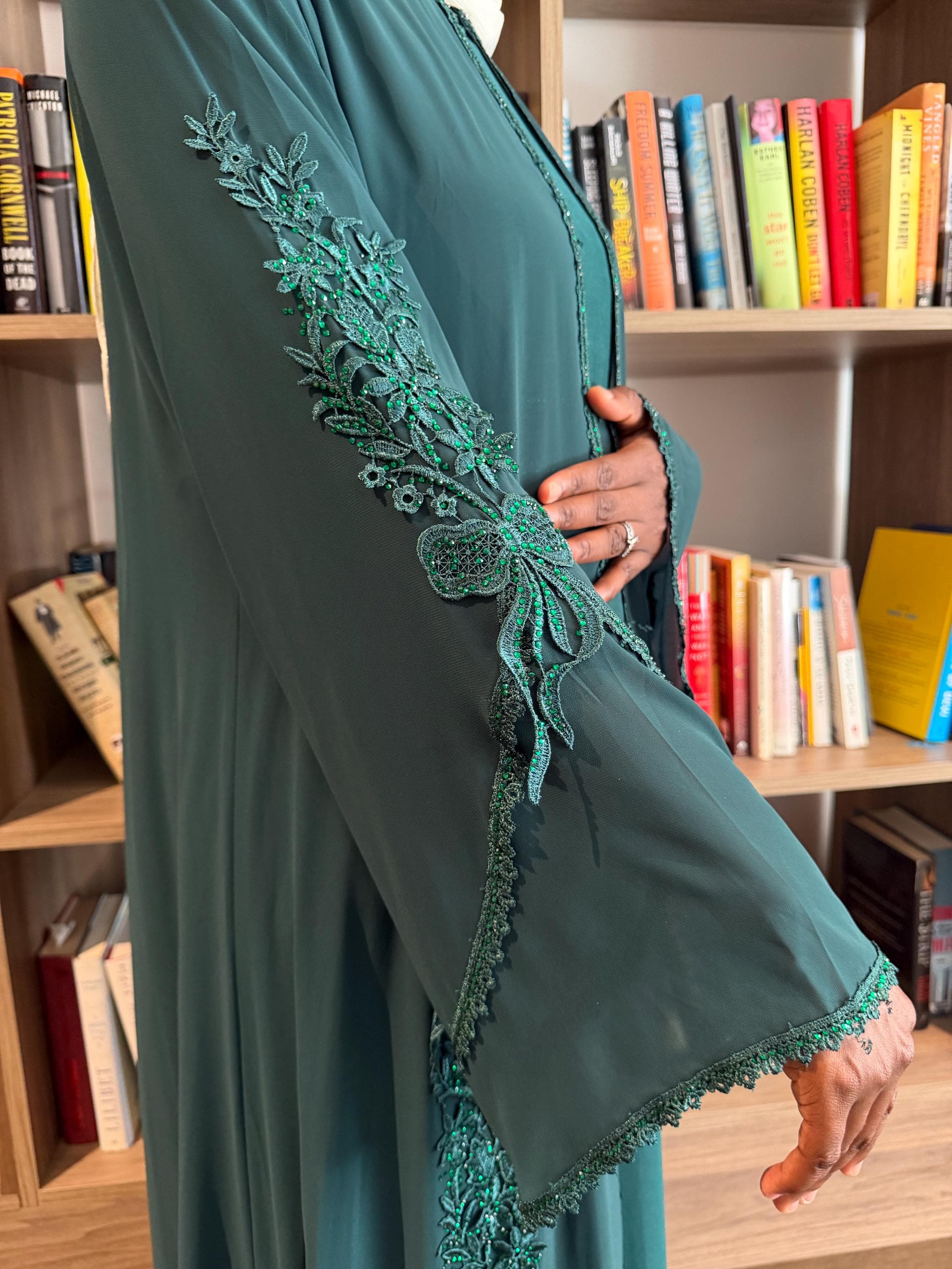 Green Embroidered lace Abaya - image 4