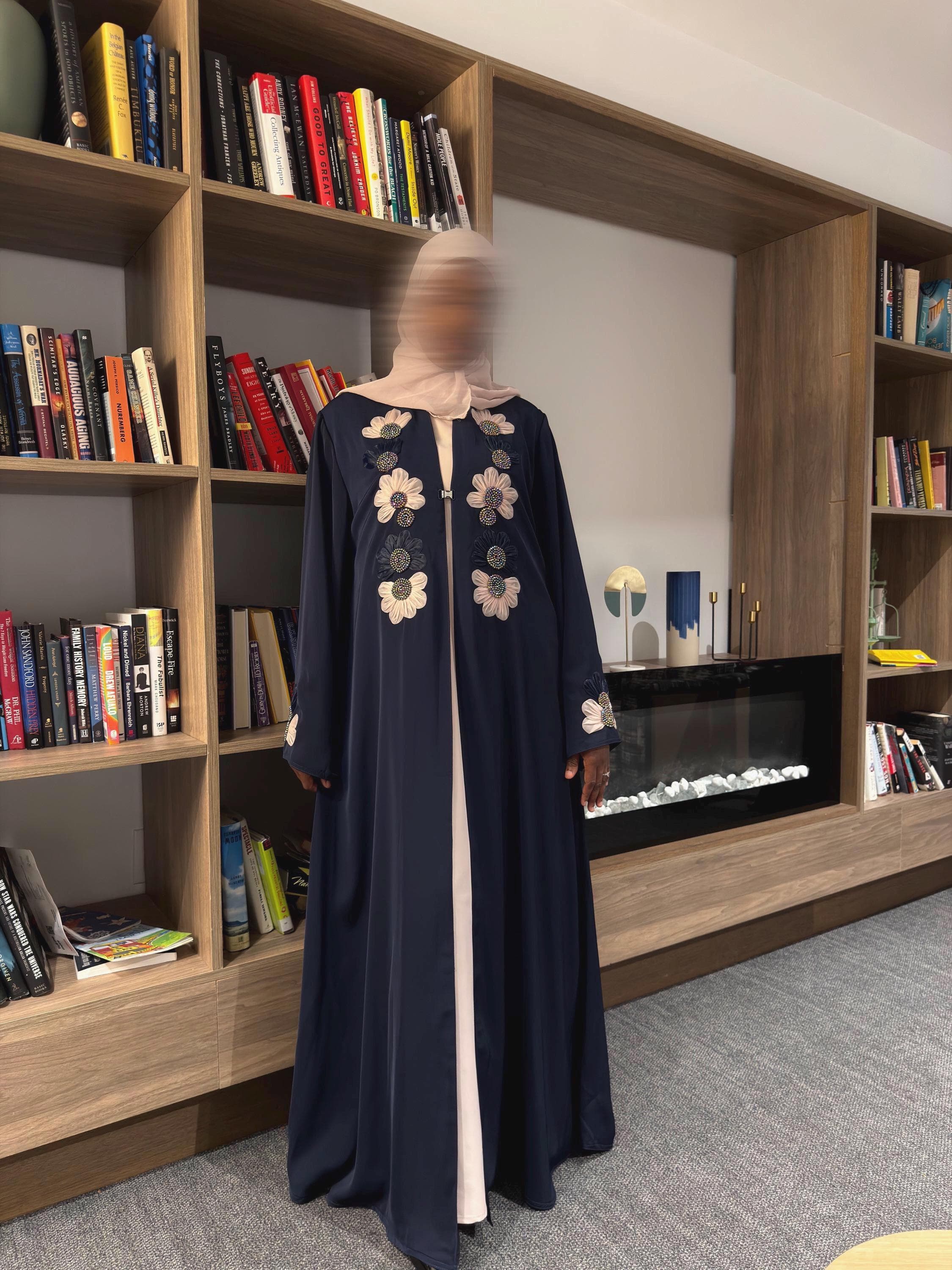 Navy Blue Open Abaya with Floral Embroidery