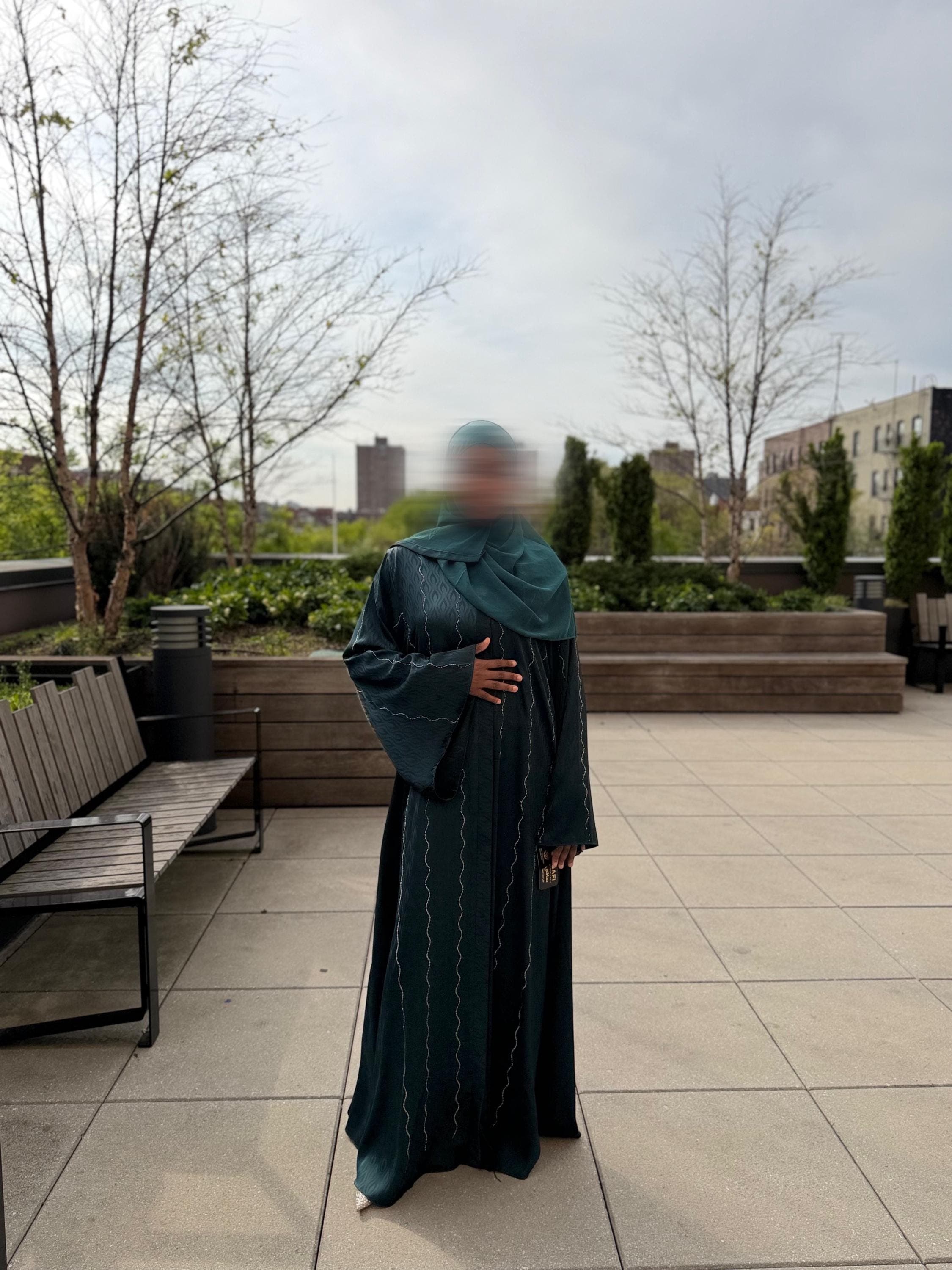Closed Satin Umbrella Abaya Dress With Silver Rhinestone(Green)